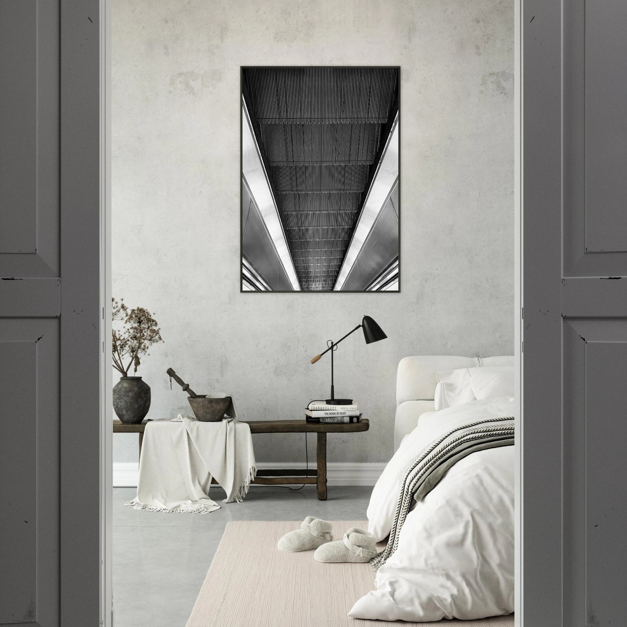 Black and white framed print of London Tube escalator abstract design from the Travel Collection, Studio Edition, 15x20 cm.