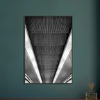Black and white framed print of an abstract London Tube escalator, part of the Travel Collection Studio Edition, 15x20 cm.