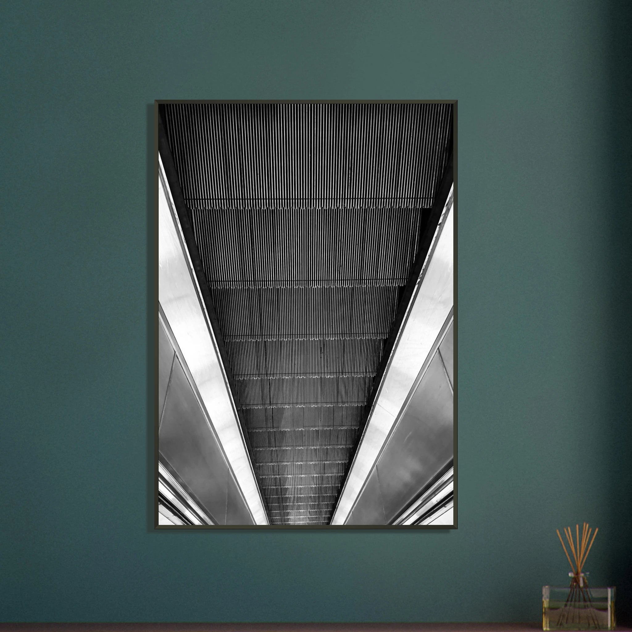 Black and white framed print of an abstract London Tube escalator, part of the Travel Collection Studio Edition, 15x20 cm.