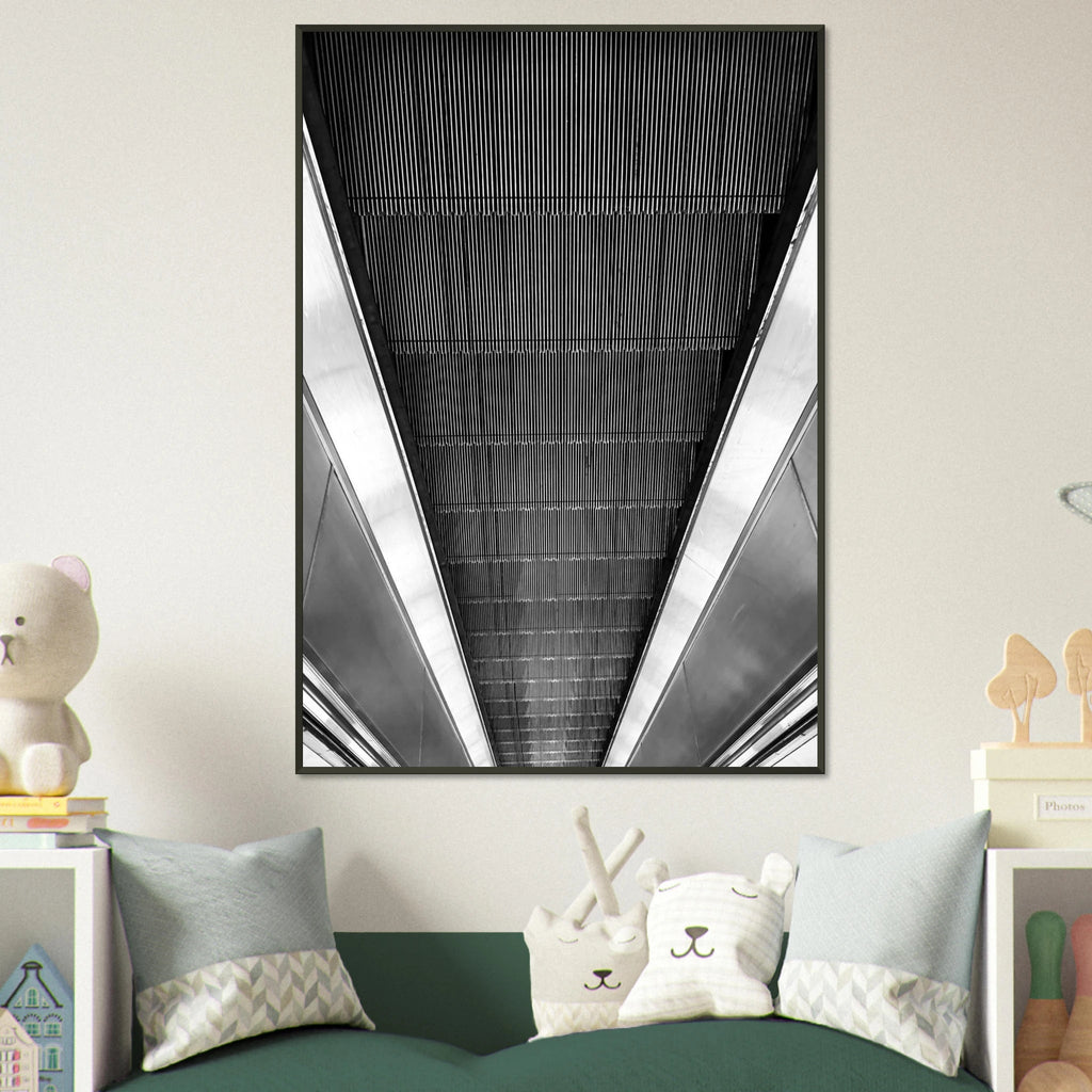 Black and white abstract framed poster of London Tube escalator, part of the Studio Edition Travel Collection print by My Store.