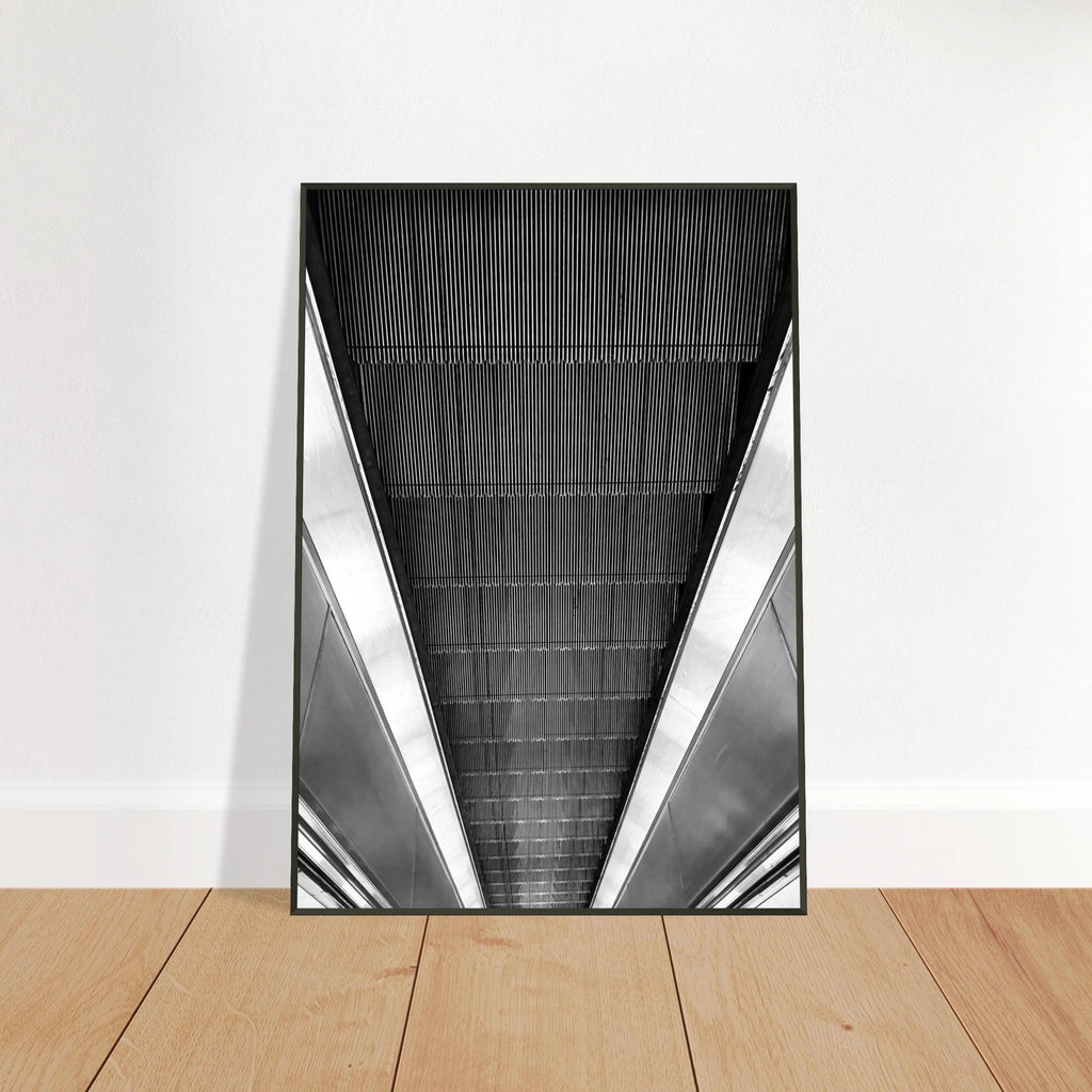 Black and white framed print of London Tube escalator abstract design from the Travel Collection Studio Edition, 15x20cm.