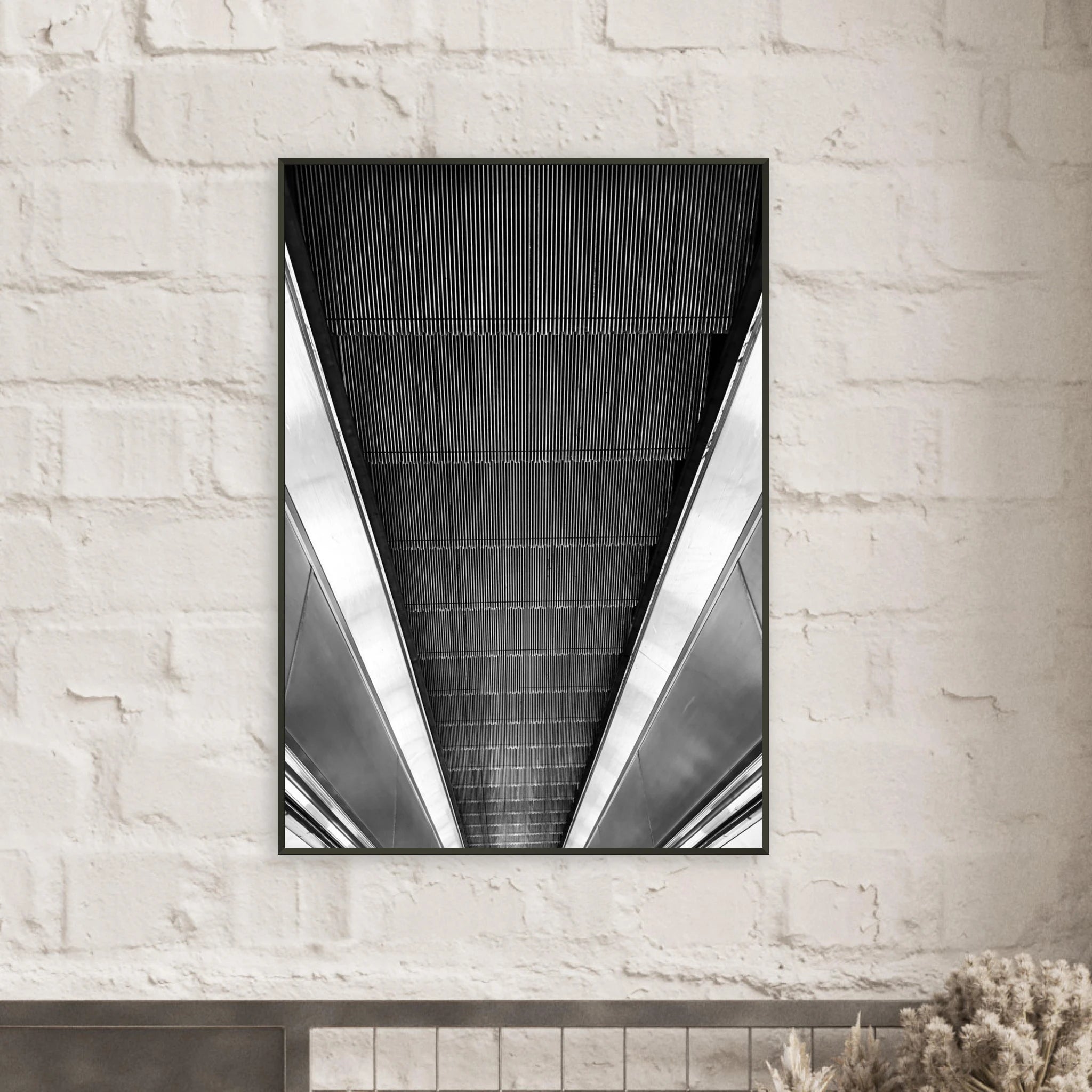 Black and white framed poster of London Tube escalator abstract print from the Travel Collection, Studio Edition, 15x20 cm.