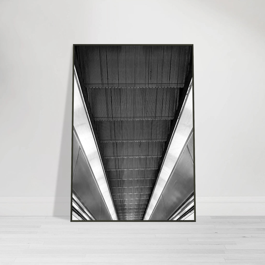 Black and white framed poster of London Tube escalator abstract art from the Travel Collection, Studio Edition, print material.