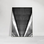 Black and white framed poster of London Tube escalator abstract art from the Travel Collection, Studio Edition, print material.