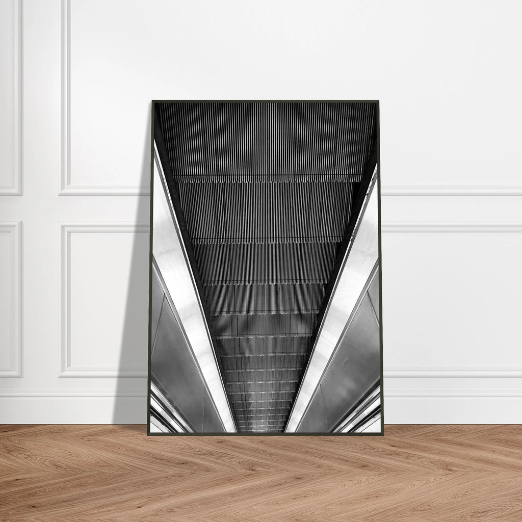 Black and white framed print of London's tube escalator abstract design from the Travel Collection, studio edition, 15x20 cm.