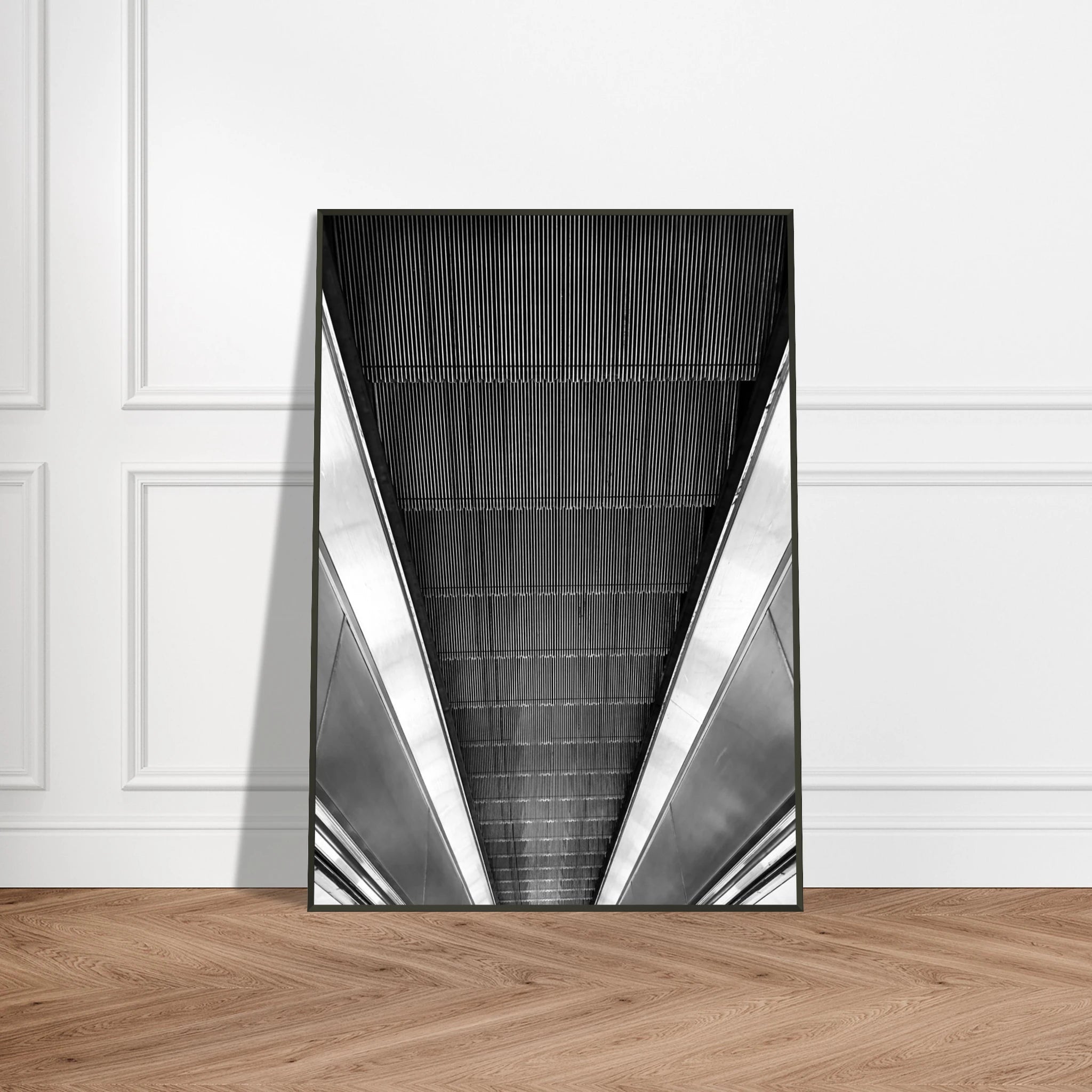 Black and white framed print of London's tube escalator abstract design from the Travel Collection, studio edition, 15x20 cm.