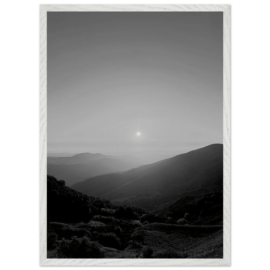 Black and white mounted framed poster of California Central Coast sunset, 15x20 cm print in a white frame from the Travel Collection.