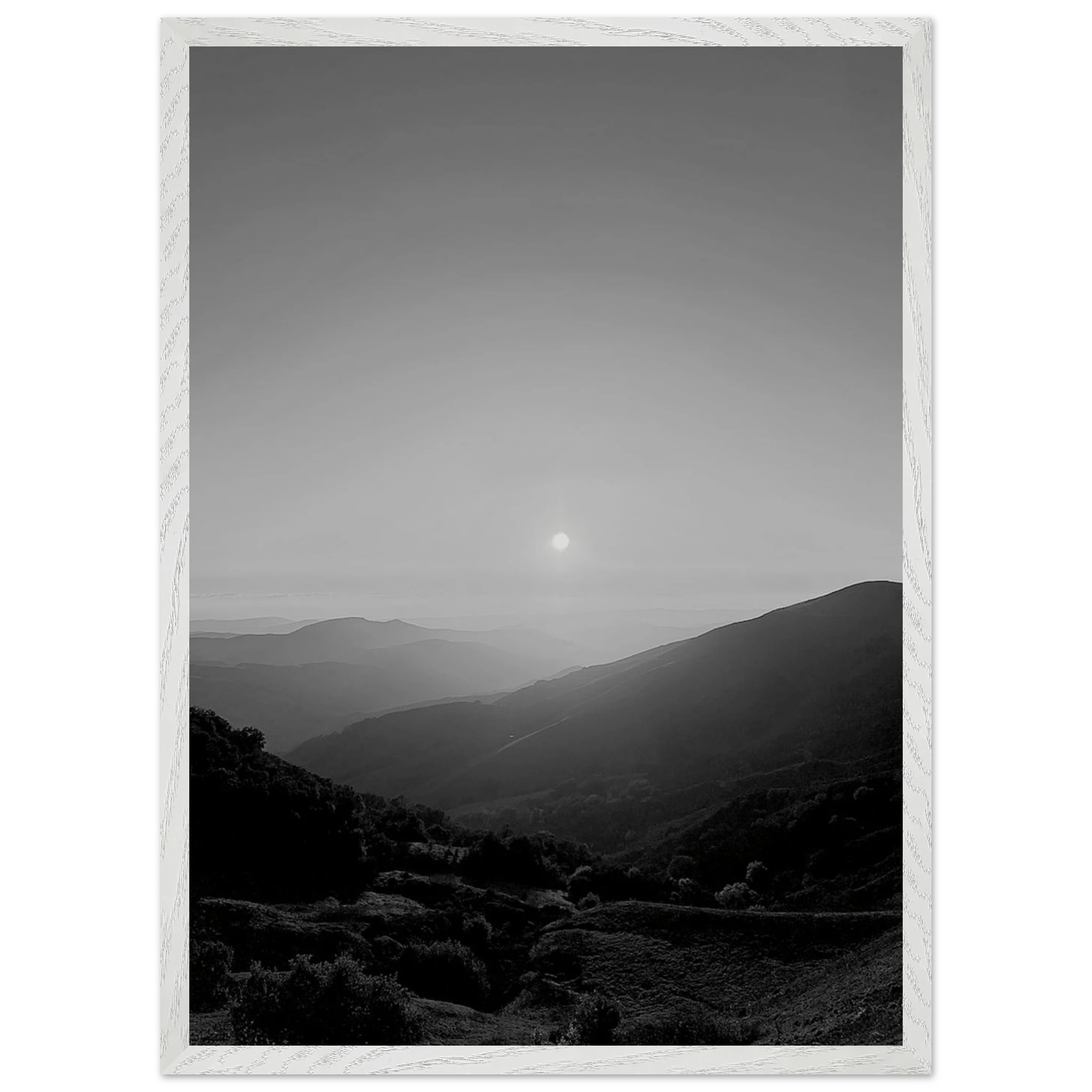 Black and white mounted framed poster of California Central Coast sunset, 15x20 cm print in a white frame from the Travel Collection.