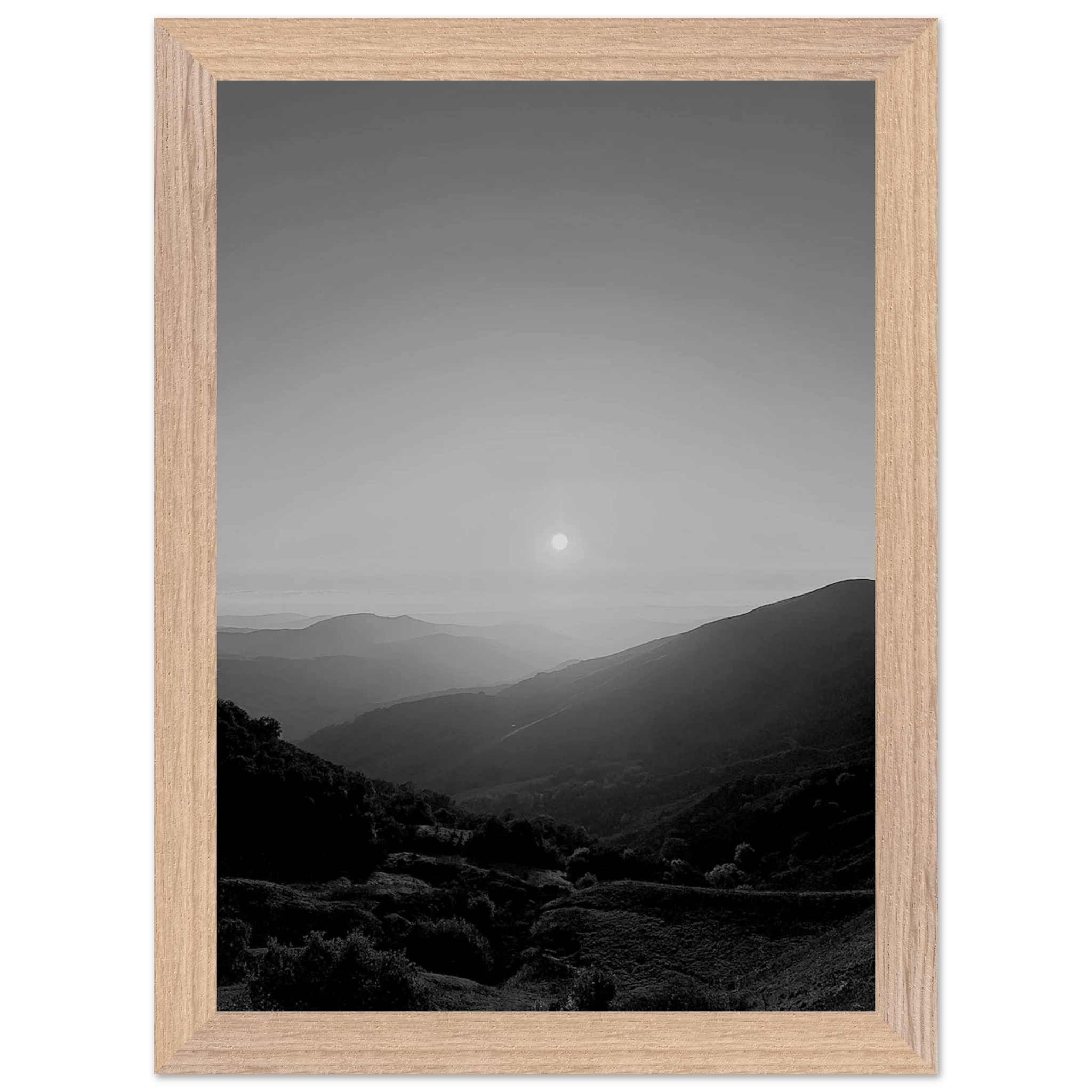 Black and white mounted framed poster of California Central Coast sunset from the Black & White Travel Collection, display-ready print.