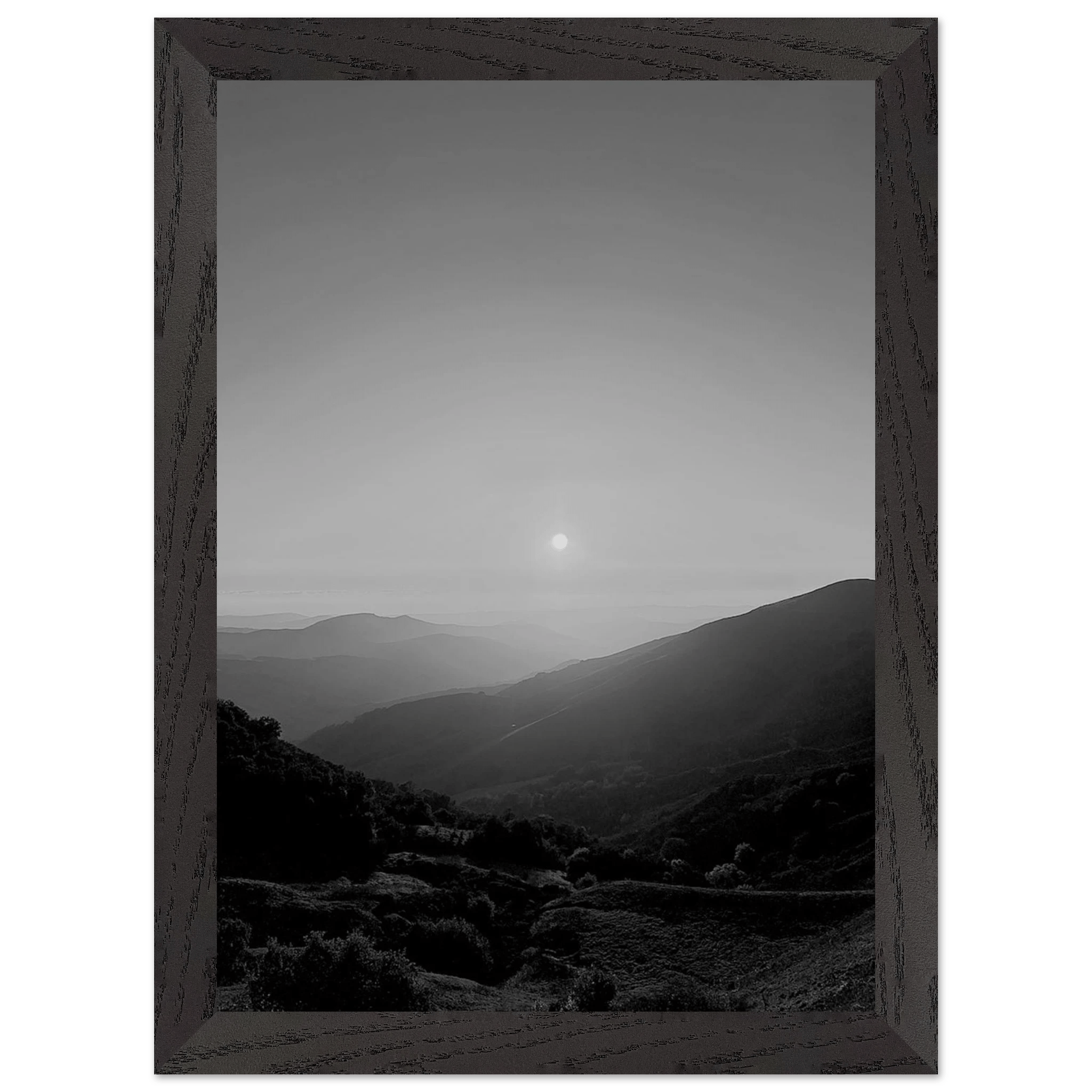 Black and white framed poster of California Central Coast sunset, mounted print from the Studio Edition travel collection.