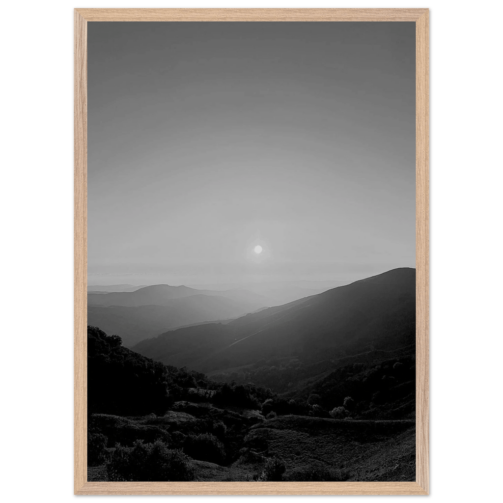 Black and white framed poster of California Central Coast sunset, mounted on print material from the Black & White Travel Collection.