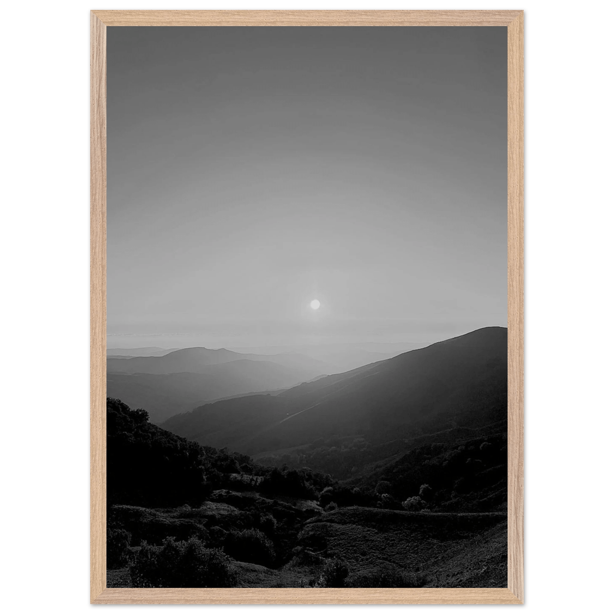 Black and white framed poster of California Central Coast sunset, mounted on print material from the Black & White Travel Collection.