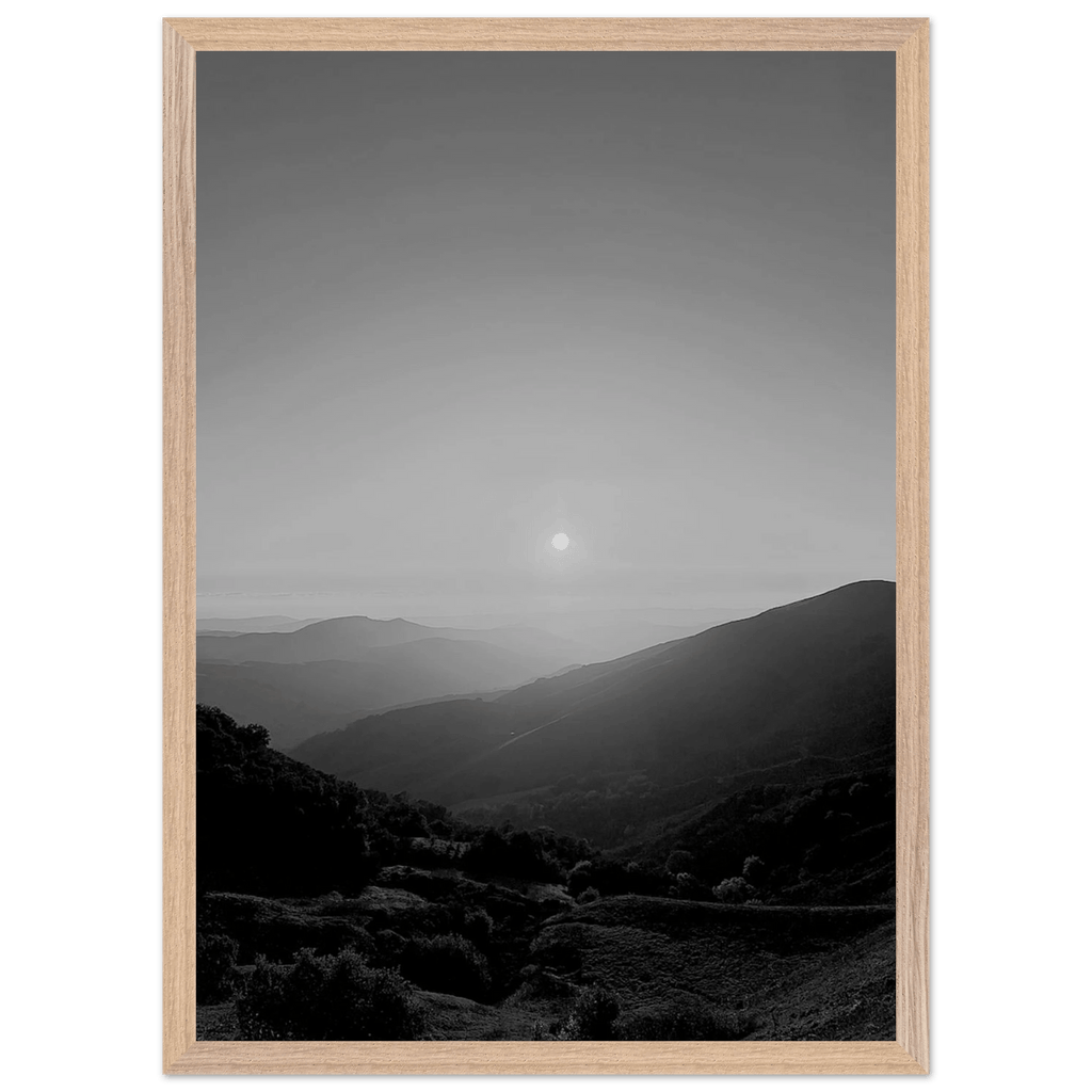 Black and white mounted framed poster of California Central Coast sunset from the My Store travel collection, spring 26, 15x20 cm print.