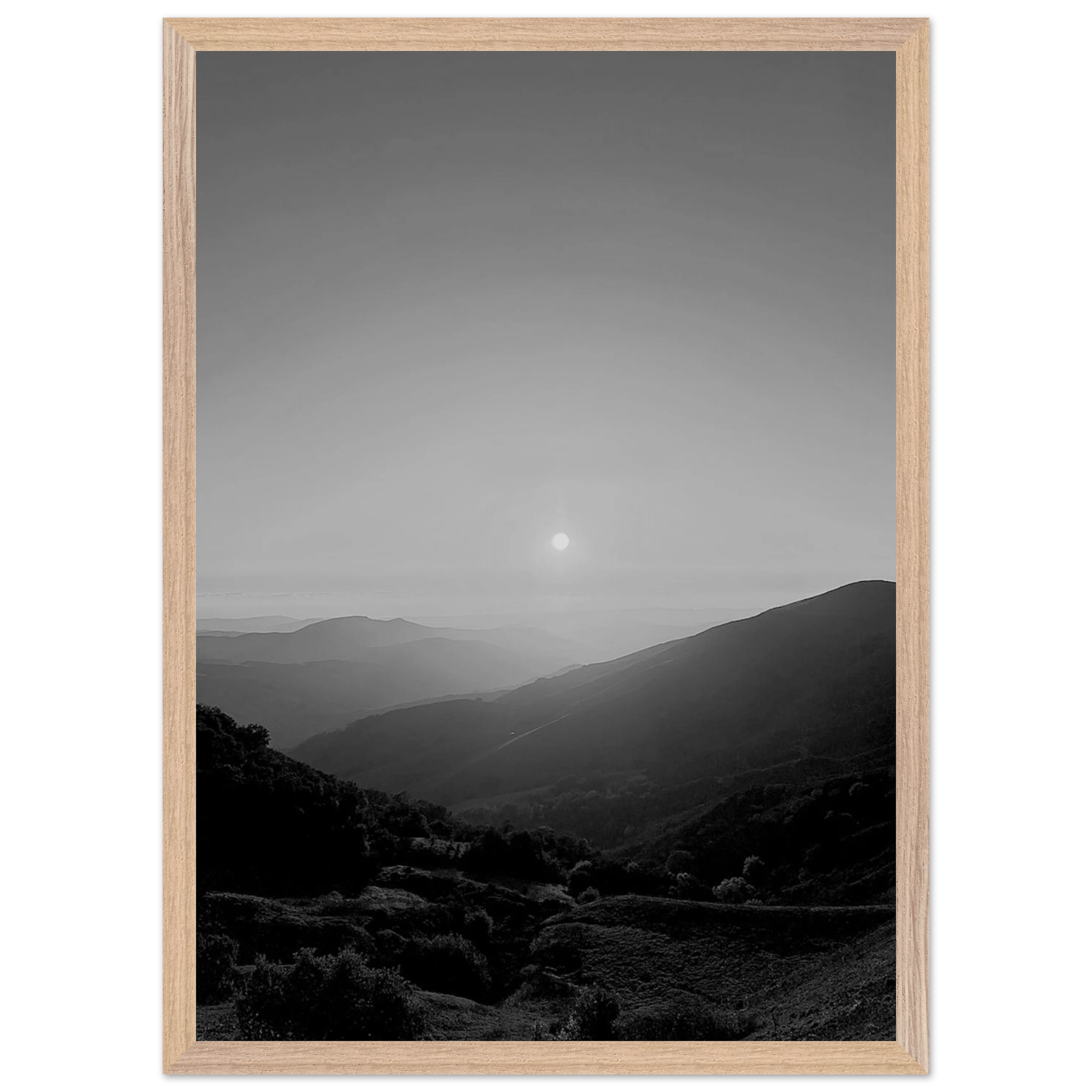 Black and white mounted framed poster of California Central Coast sunset from the My Store travel collection, spring 26, 15x20 cm print.