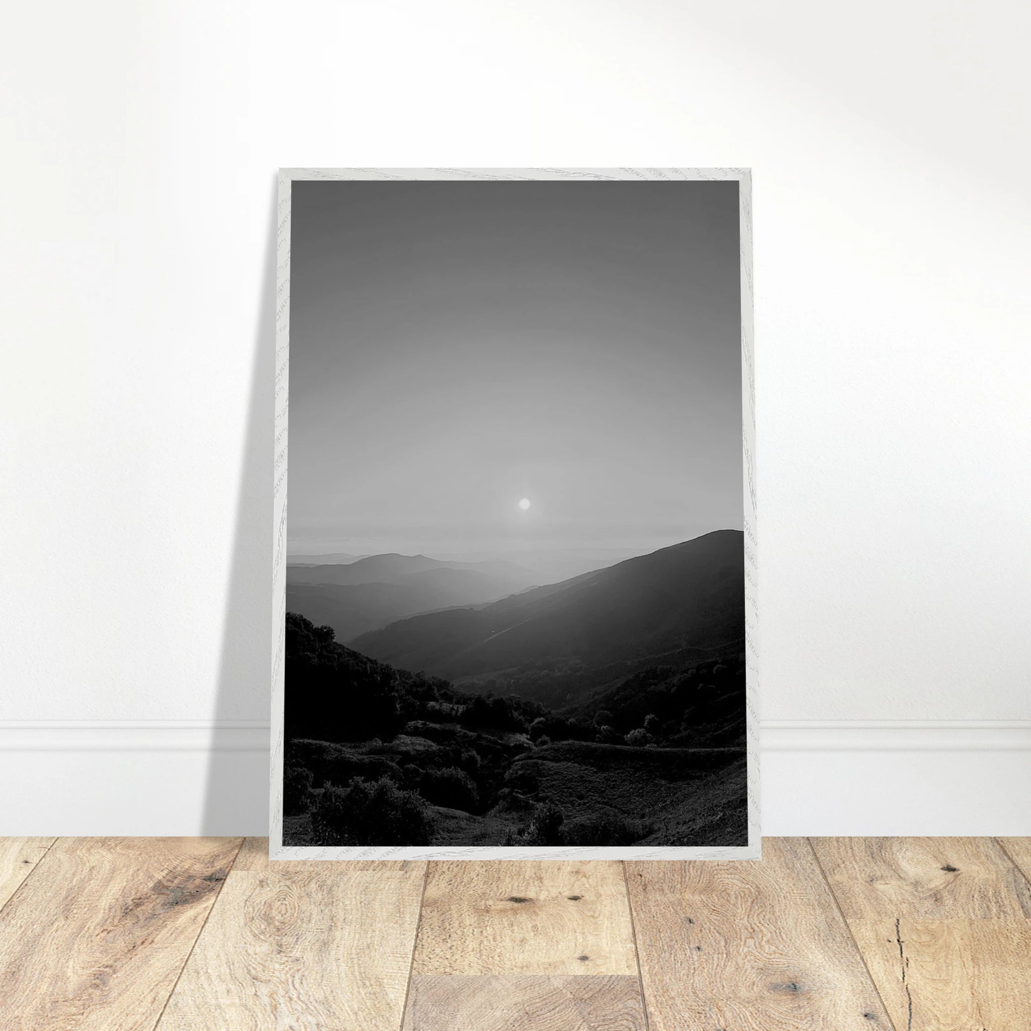 Black and white mounted framed poster of California Central Coast sunset, 15x20 cm print from the Black & White Travel Collection.