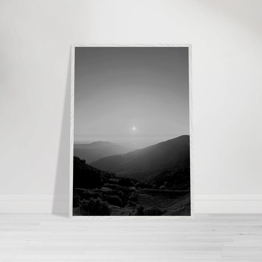 Black and white framed poster of California Central Coast sunset from the Travel Collection, mounted on a white frame.