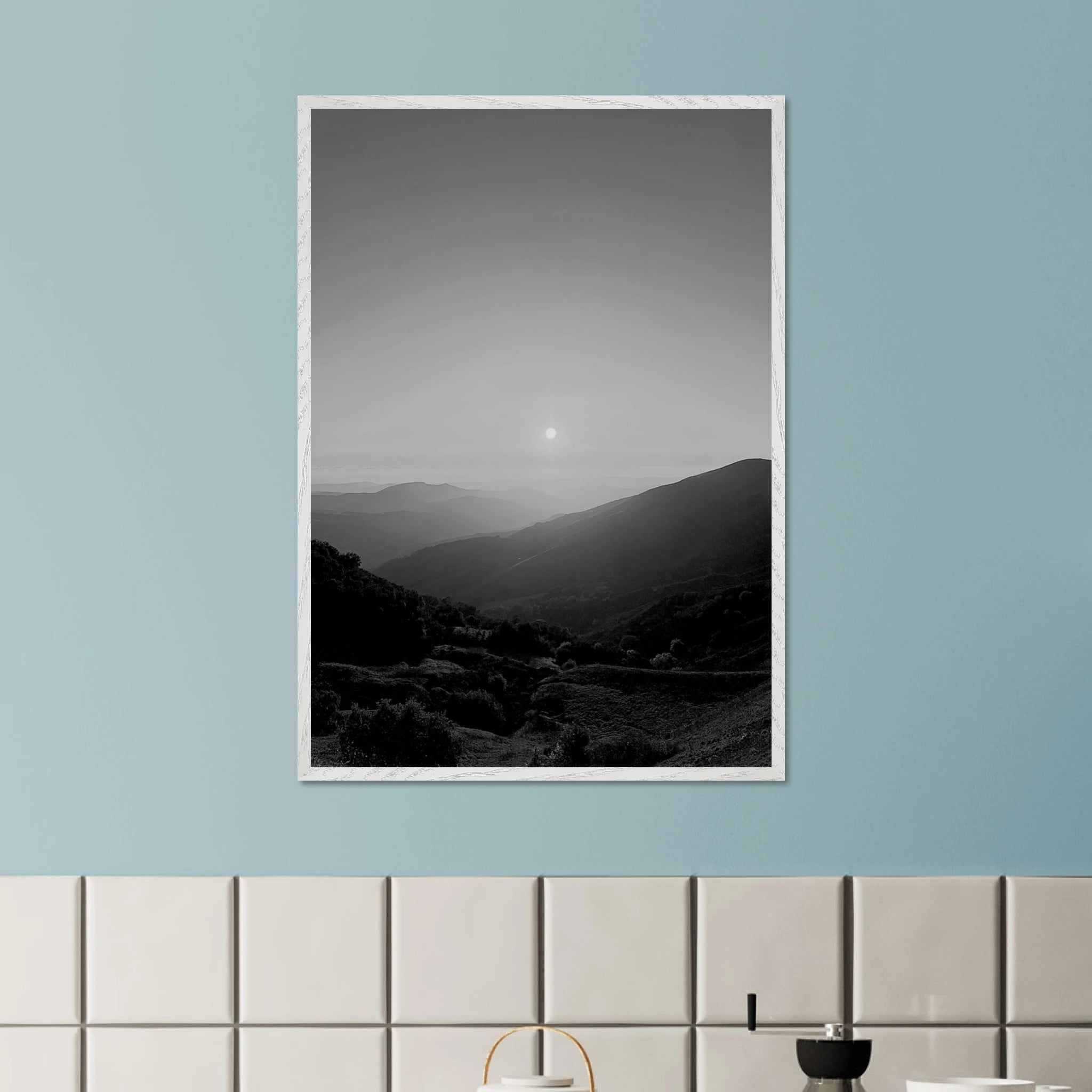 Black and white mounted framed poster of California Central Coast sunset from the Studio Edition travel collection, 15x20 cm print.