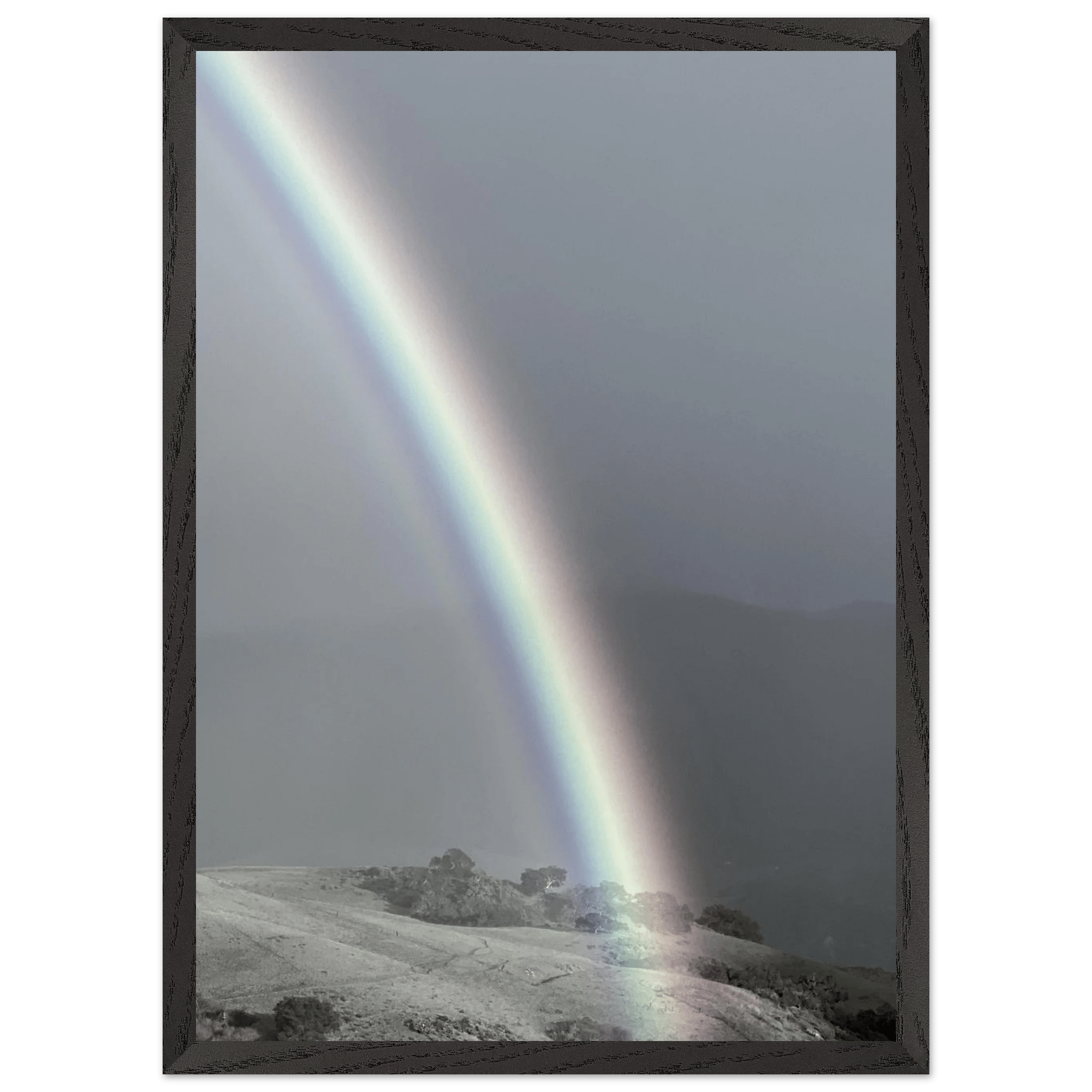 Black and white mounted framed poster of a rainbow after a summer storm in California Central Coast, part of My Store’s travel collection.
