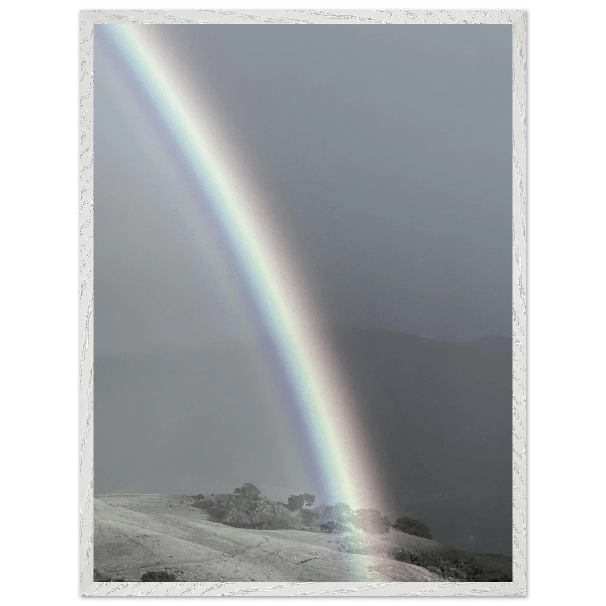 Black and white mounted framed poster of a rainbow after a summer storm, part of the California Central Coast travel collection.