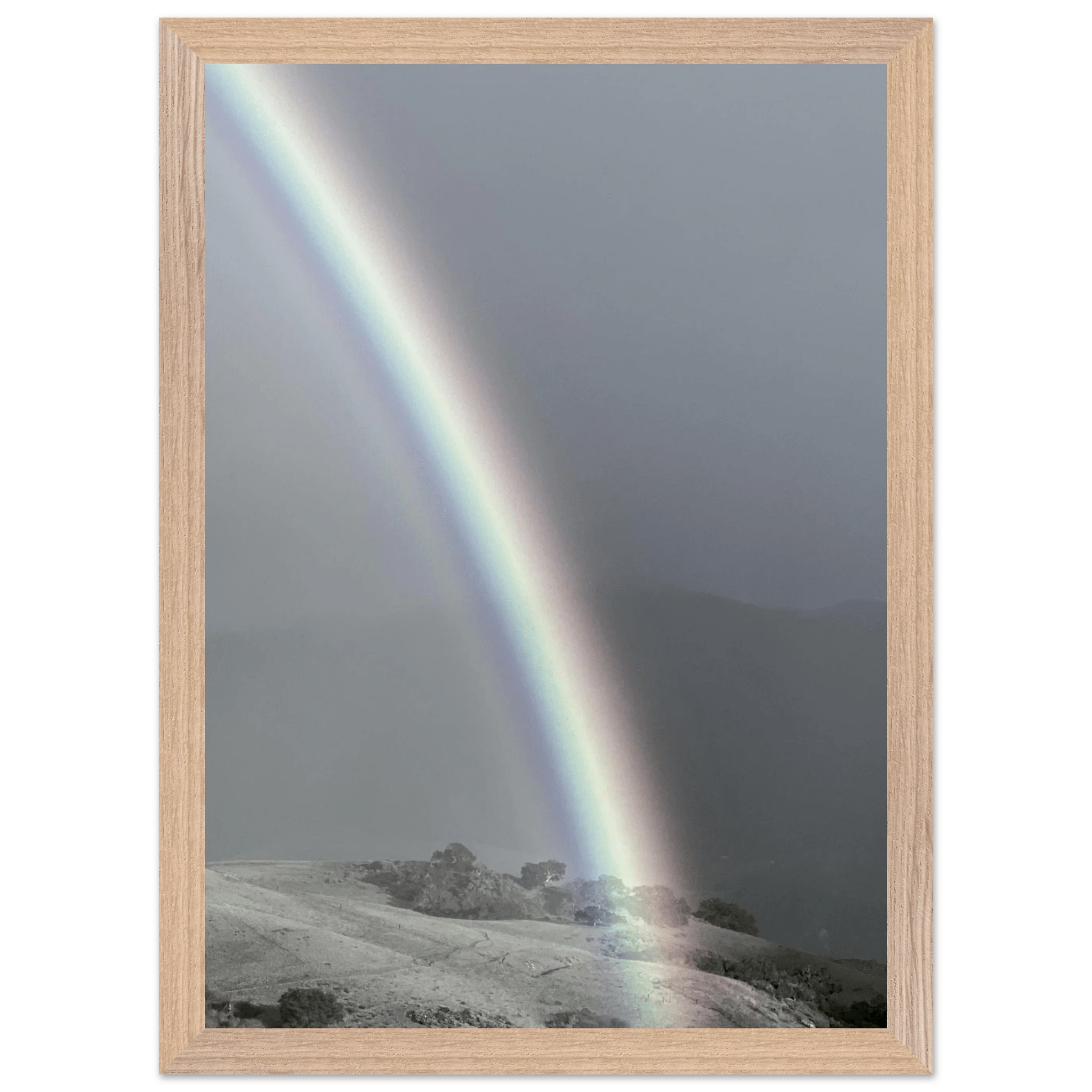 Black and white mounted framed poster of post-summer storm rainbow in California Central Coast from My Store's travel collection.