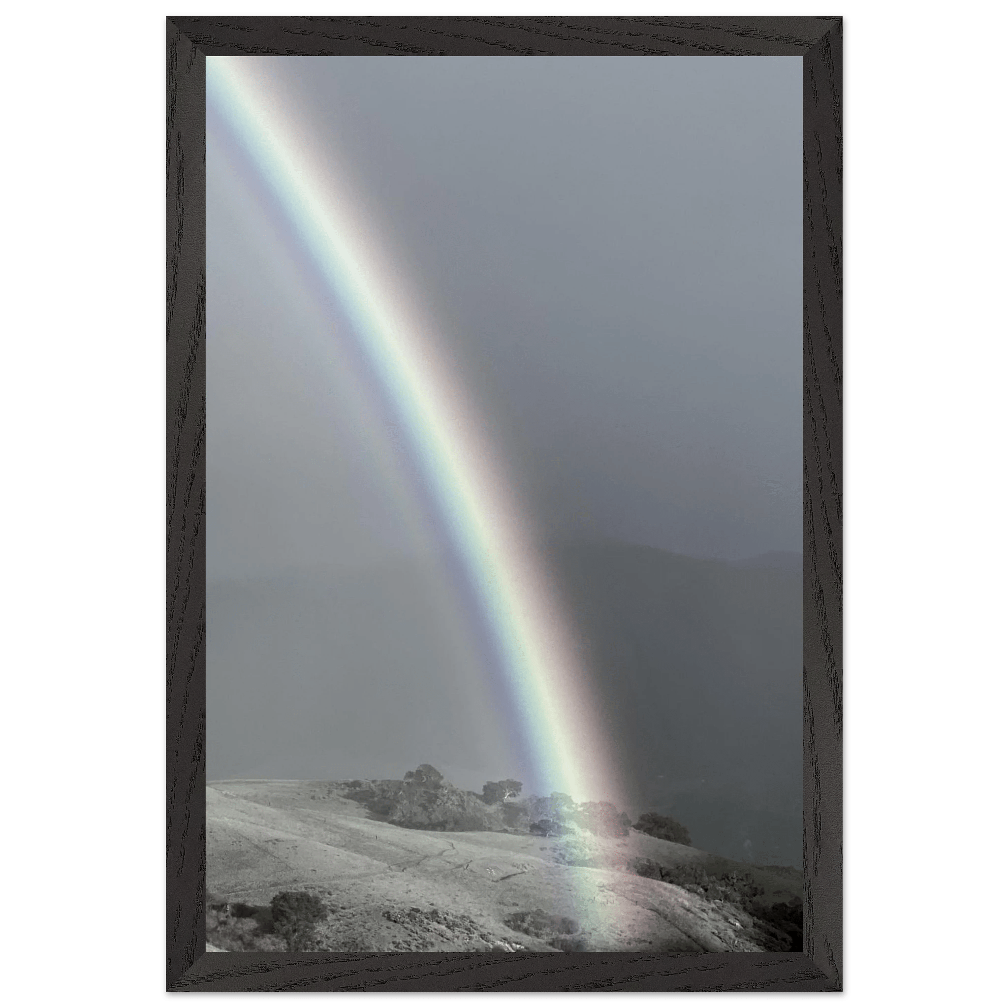 Black and white mounted framed poster of Post Summer Storm Rainbow in California Central Coast, part of the Black & White Travel Collection.
