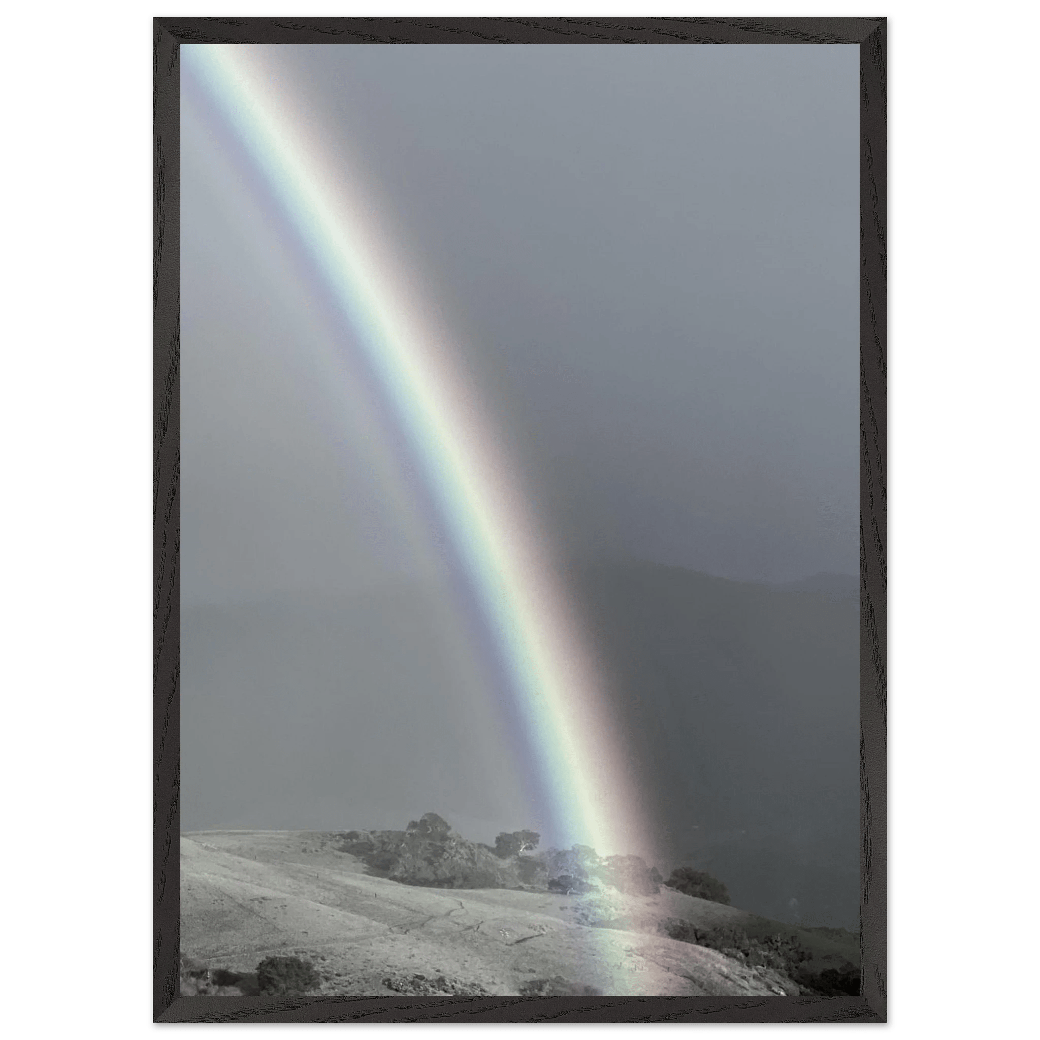 Black and white mounted framed poster of the Post Summer Storm Rainbow in California Central Coast, part of the Black & White Travel Collection.