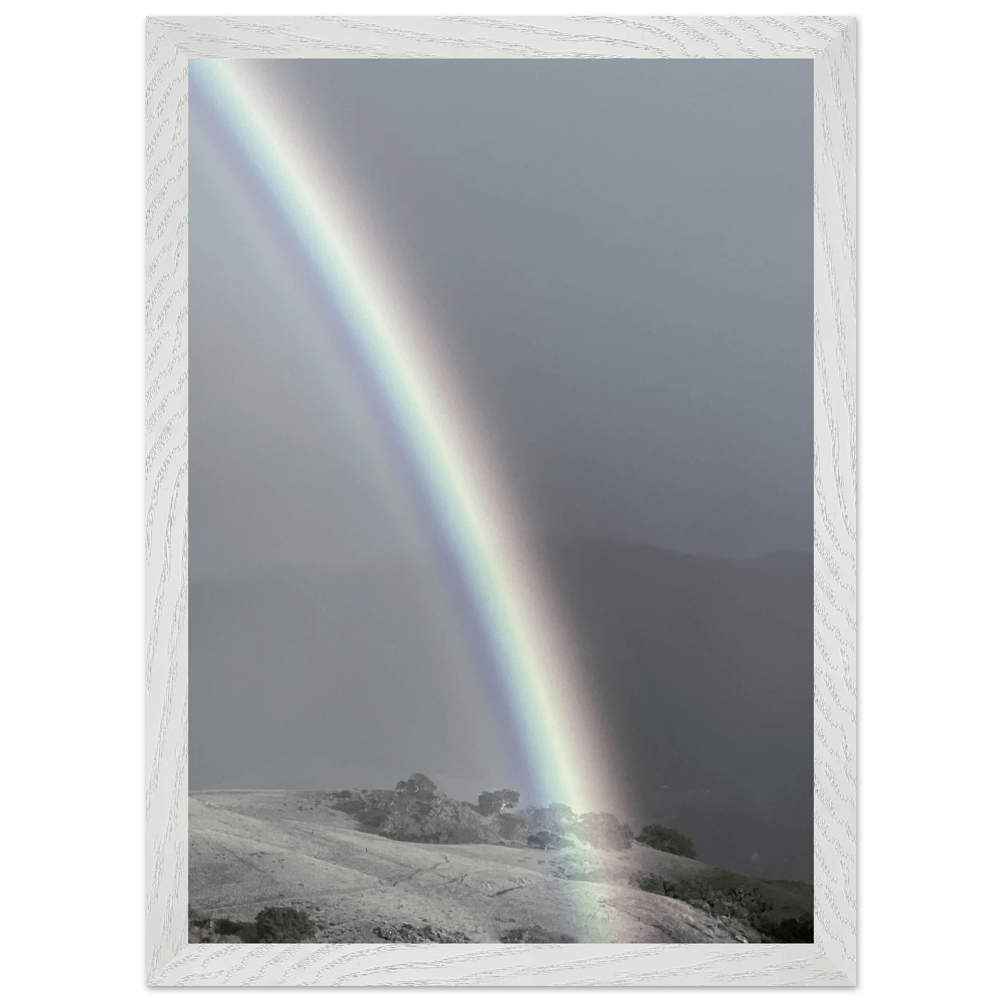 Black and white mounted framed poster of a rainbow after summer storm in California Central Coast from the My Store travel collection.