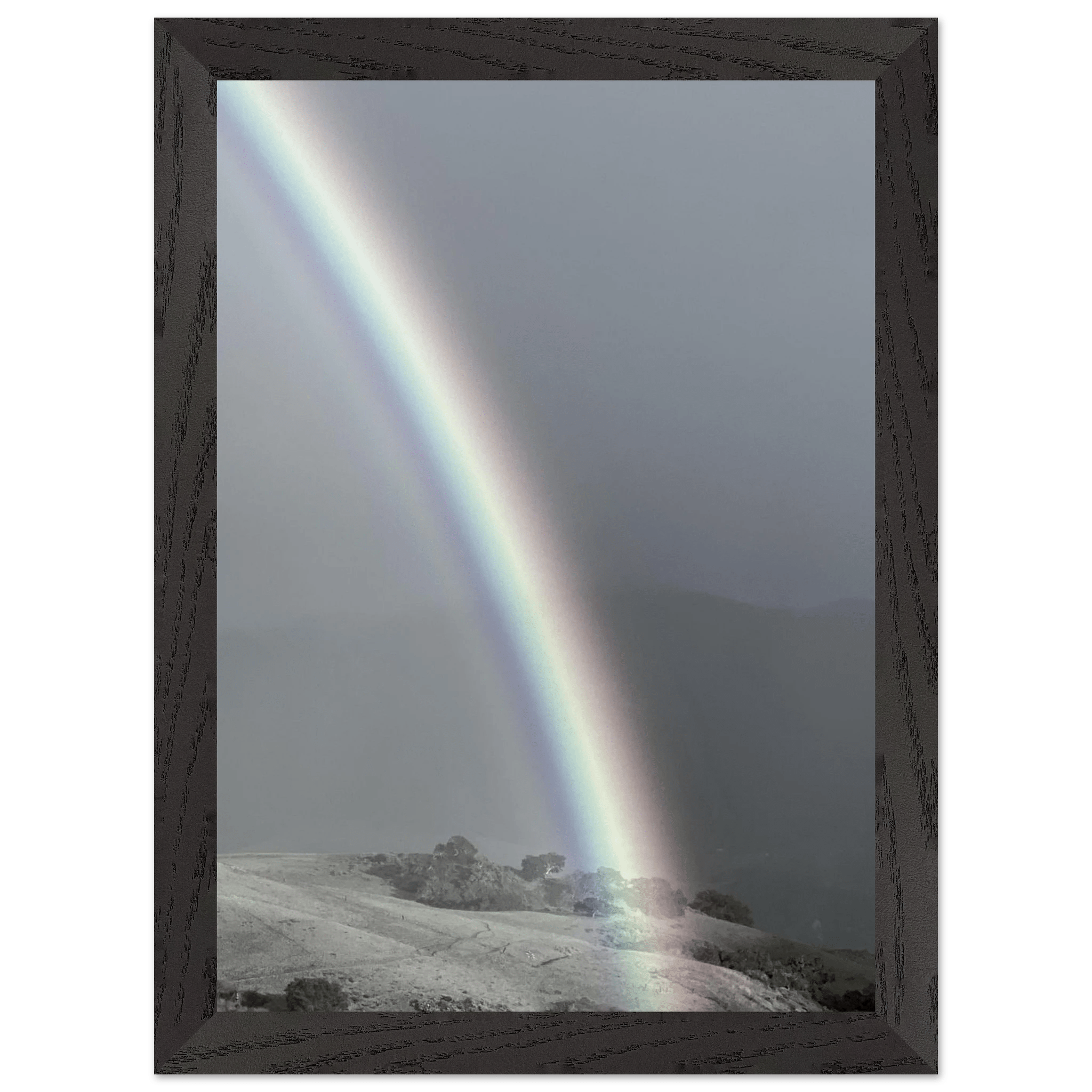 Black and white mounted framed poster of a rainbow after summer storm in California Central Coast, part of My Store's travel collection.