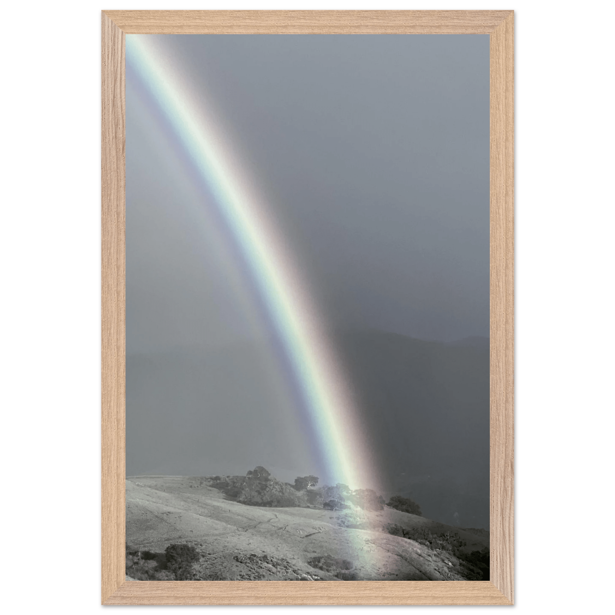 Black and white mounted framed poster of a rainbow after summer storm in California Central Coast from the My Store travel collection.