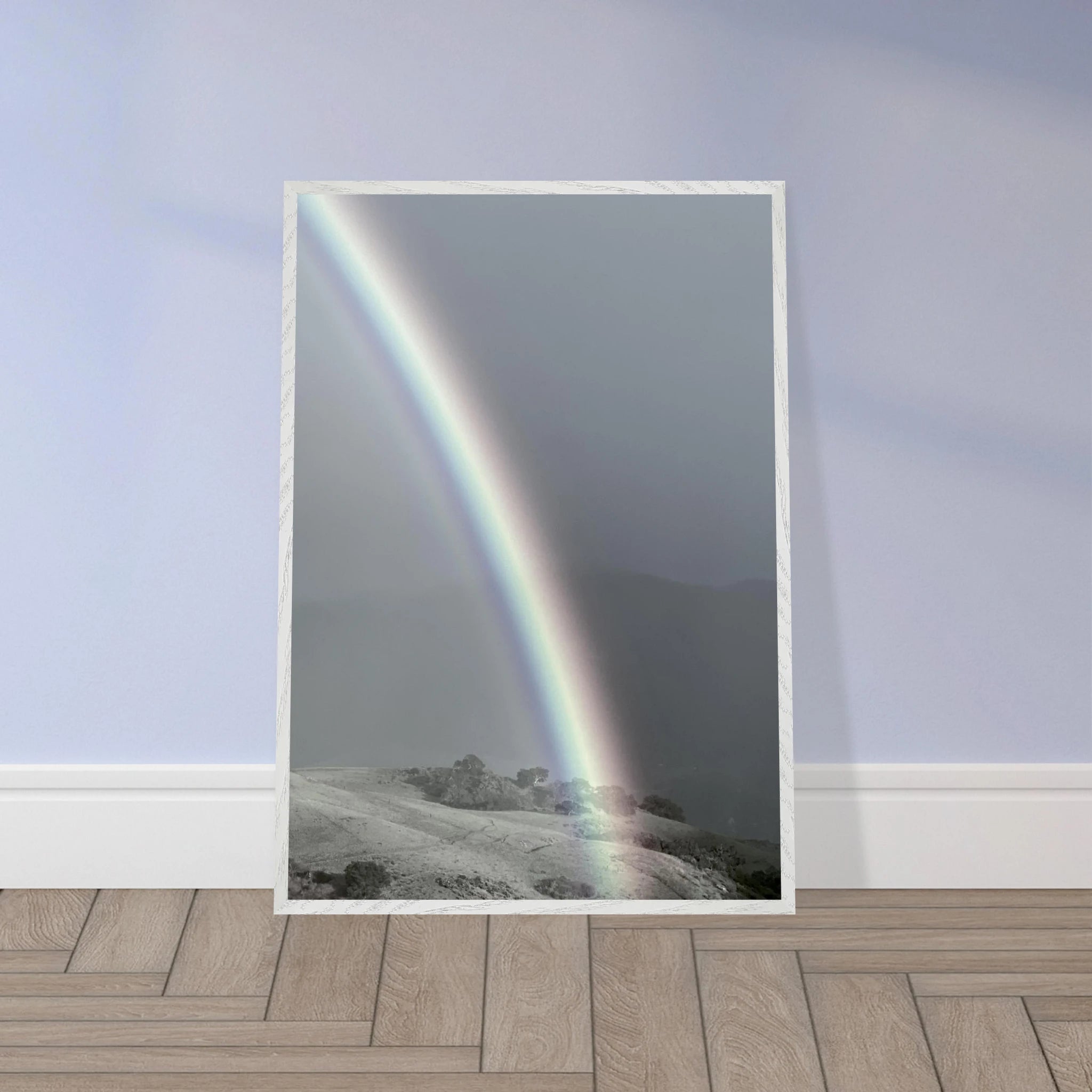Black and white mounted framed poster of Post Summer Storm Rainbow in California Central Coast, part of My Store’s travel collection.