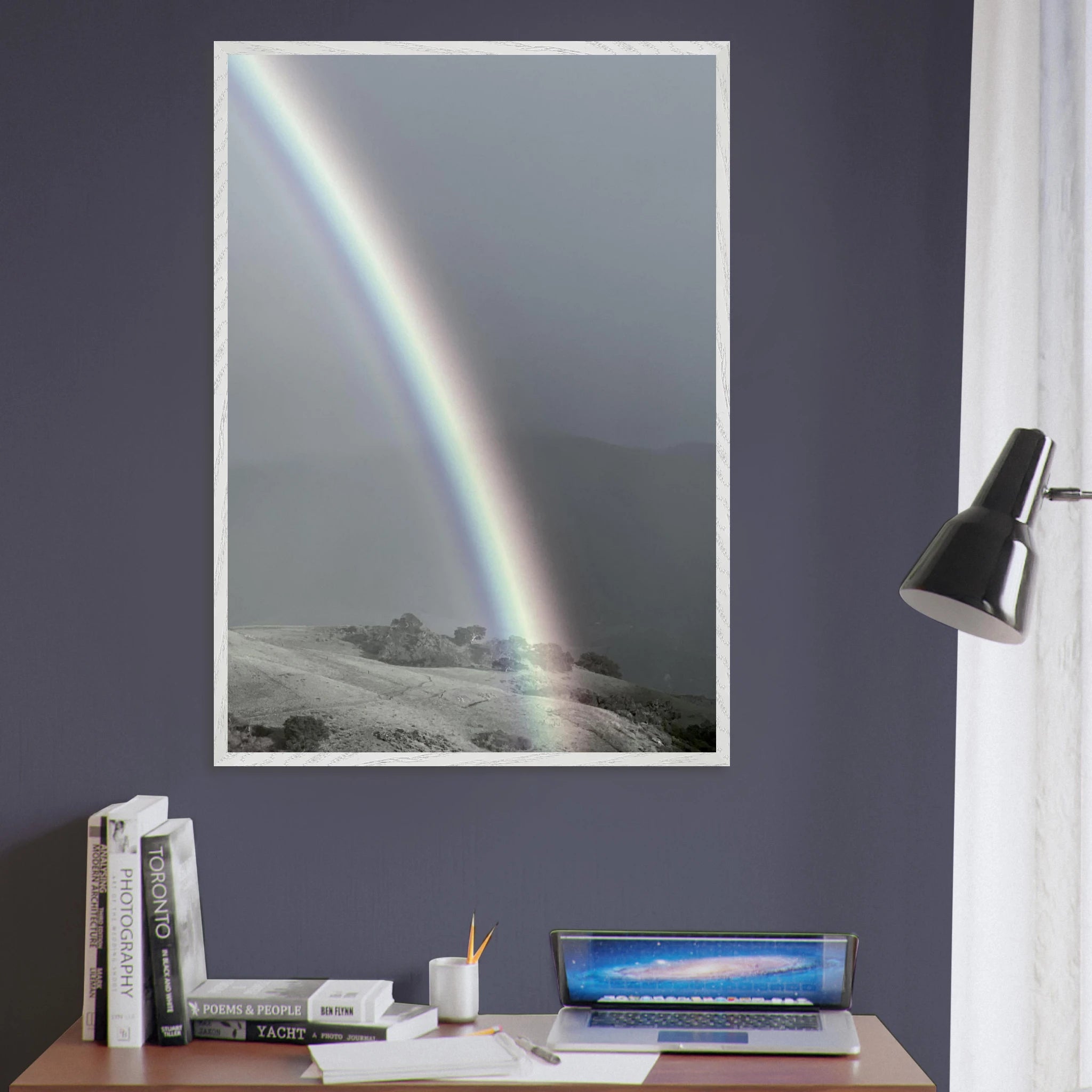 Black and white mounted framed poster of a rainbow after summer storm in California Central Coast, part of My Store's travel collection.