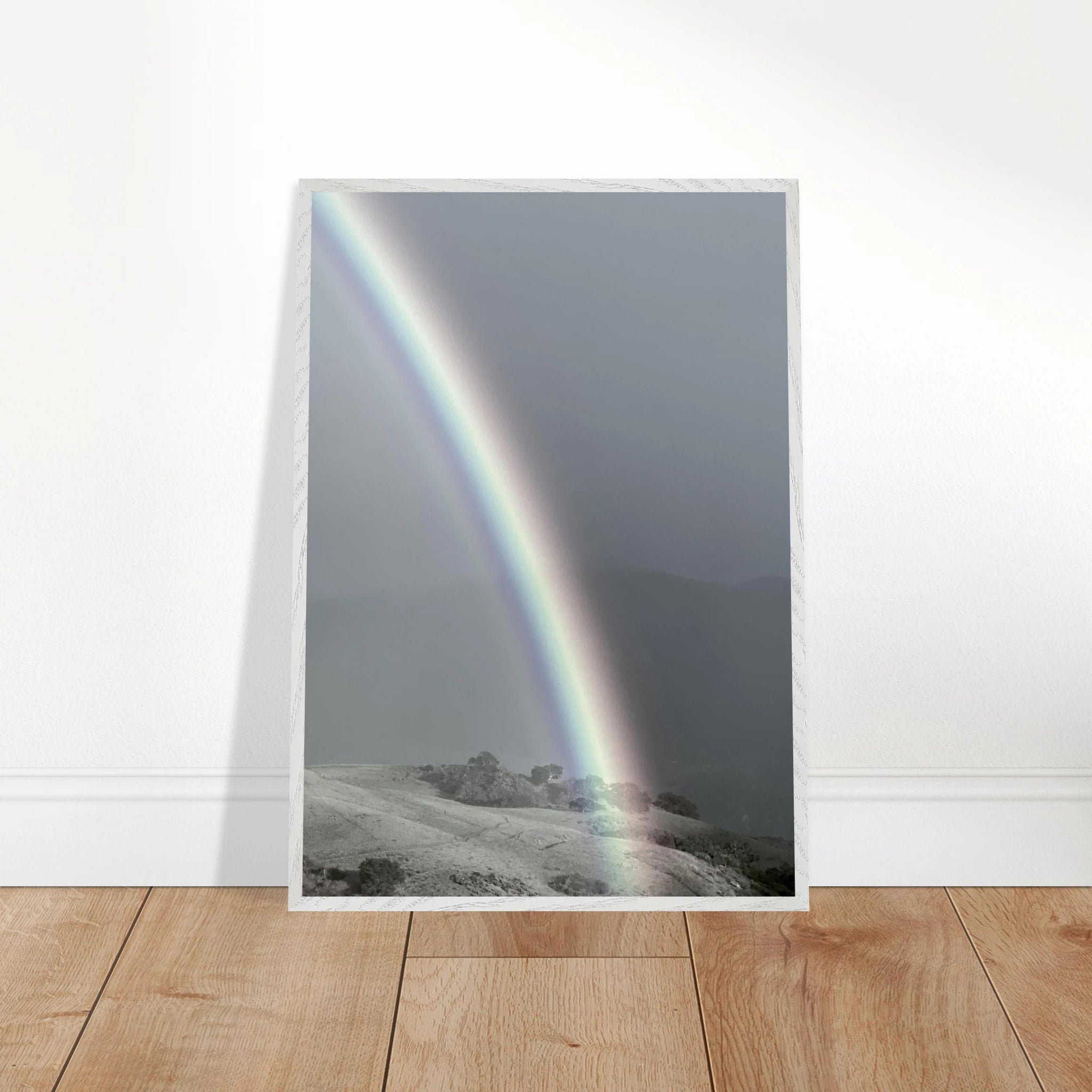 Black and white mounted framed poster of a rainbow after summer storm in California Central Coast, part of My Store's travel collection.