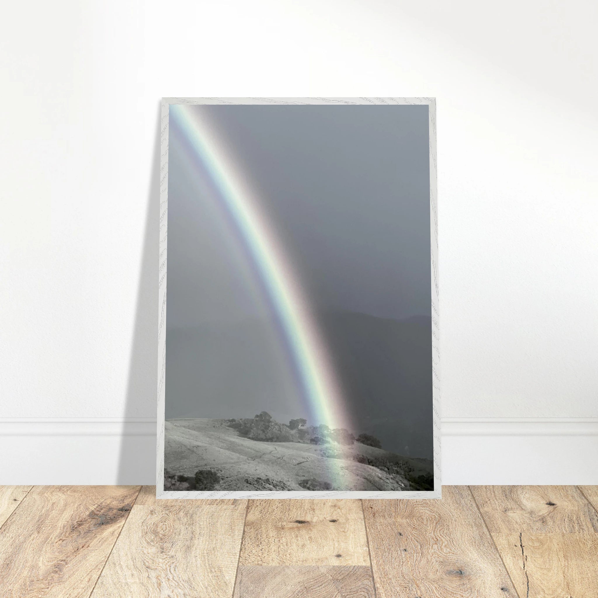 Black and white mounted framed poster of a rainbow after summer storm in California Central Coast, part of My Store’s travel collection.