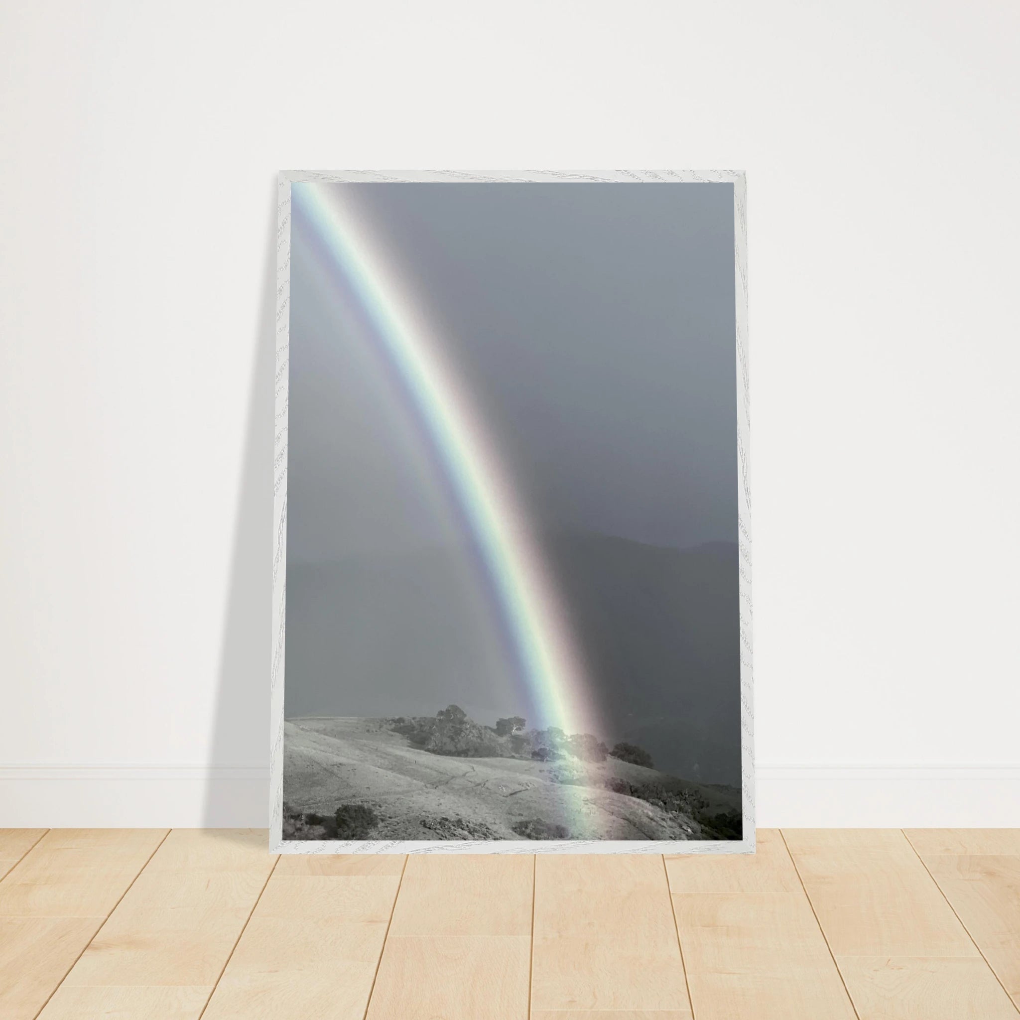 Black and white framed poster of a summer storm rainbow in California Central Coast from the My Store travel collection, 15x20 cm print.