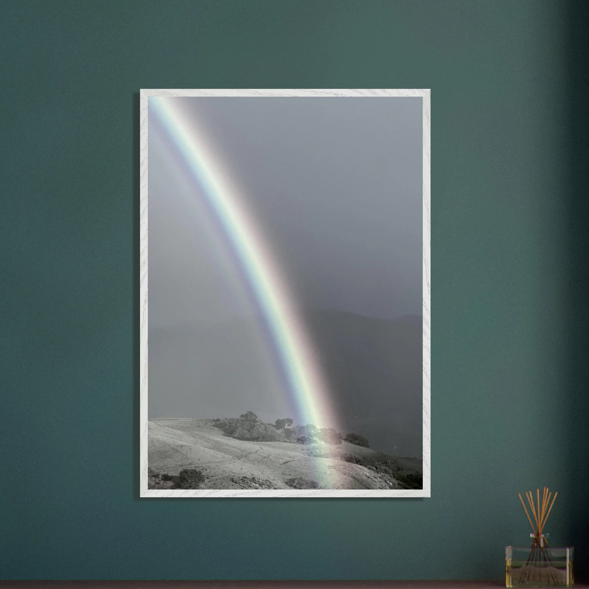 Black and white mounted framed poster of a post-summer storm rainbow in California Central Coast, part of My Store's Travel Collection.