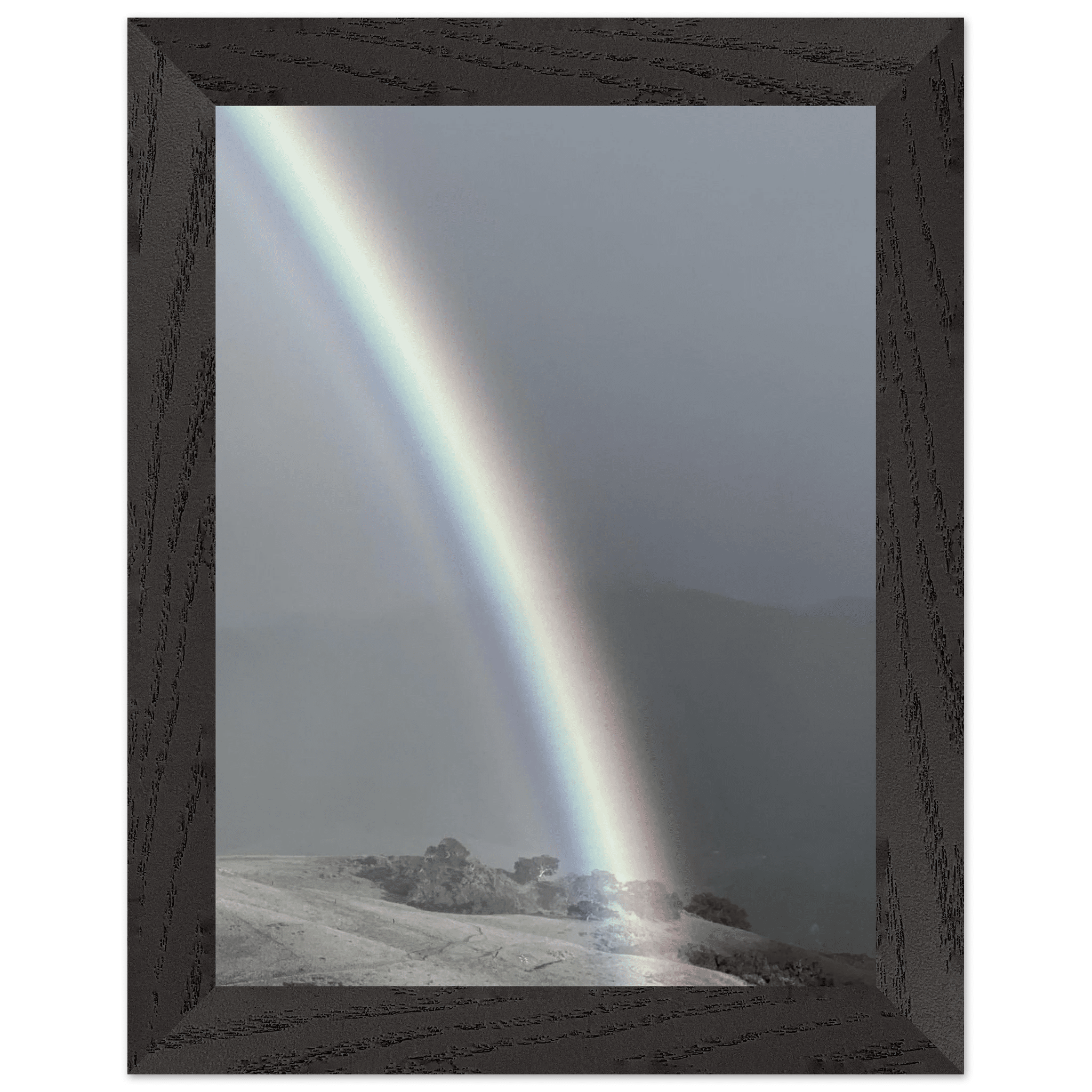 Black and white mounted framed poster of a rainbow after summer storm in California Central Coast from the Black & White Travel Collection.