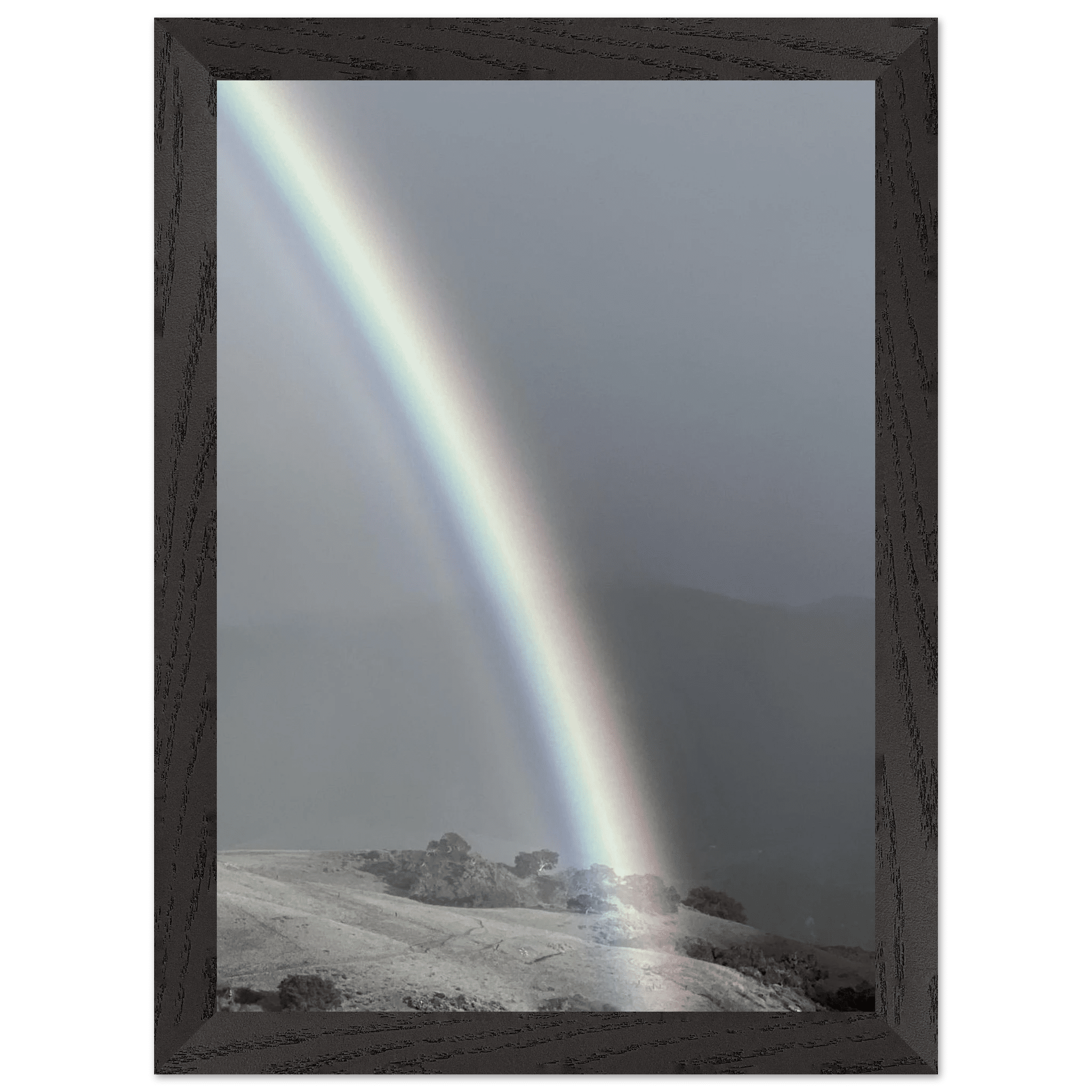 Black and white mounted framed poster of a rainbow after summer storm in California Central Coast, part of My Store's travel collection.