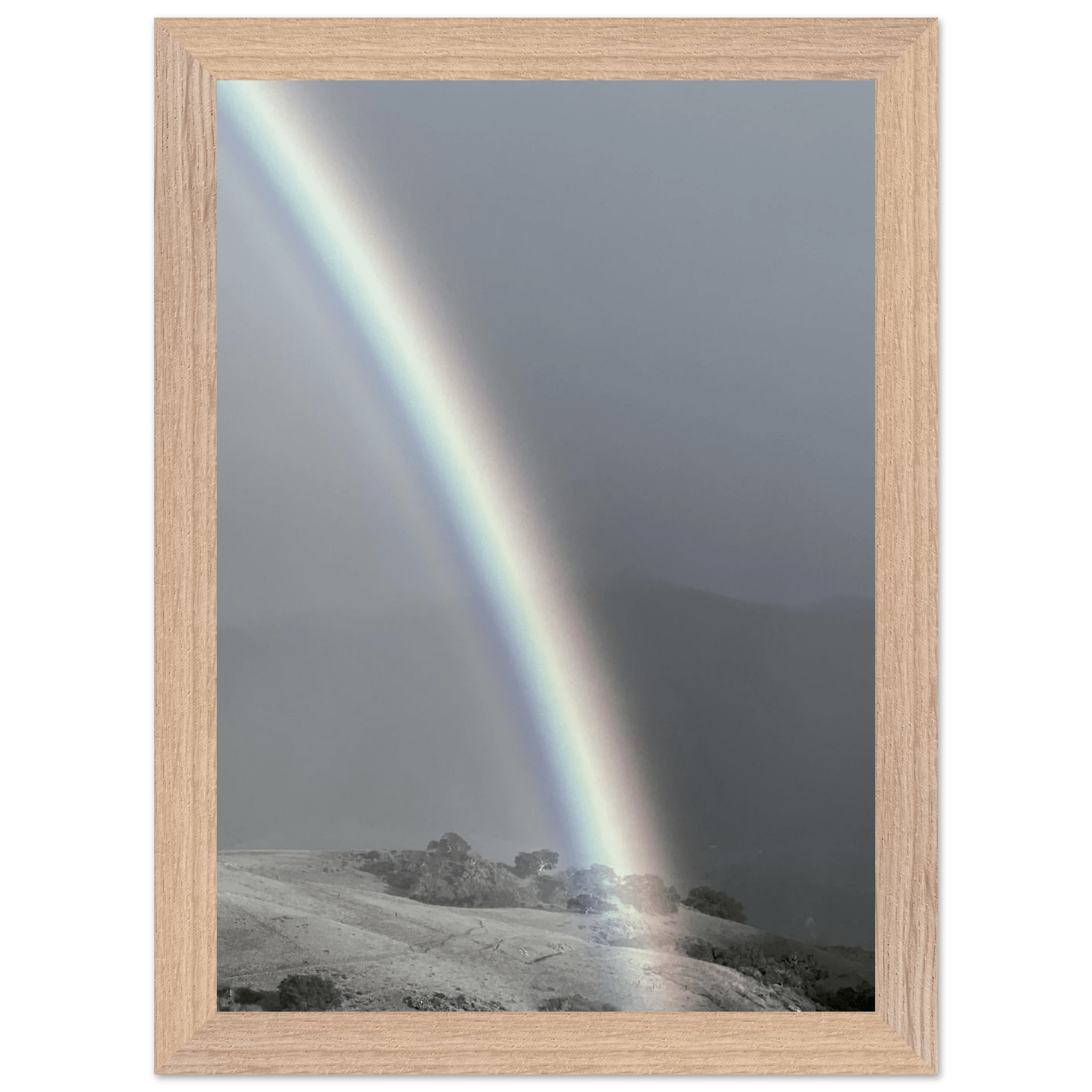 Black and white mounted framed poster of a post-summer storm rainbow in California Central Coast, part of the Studio Edition print collection.