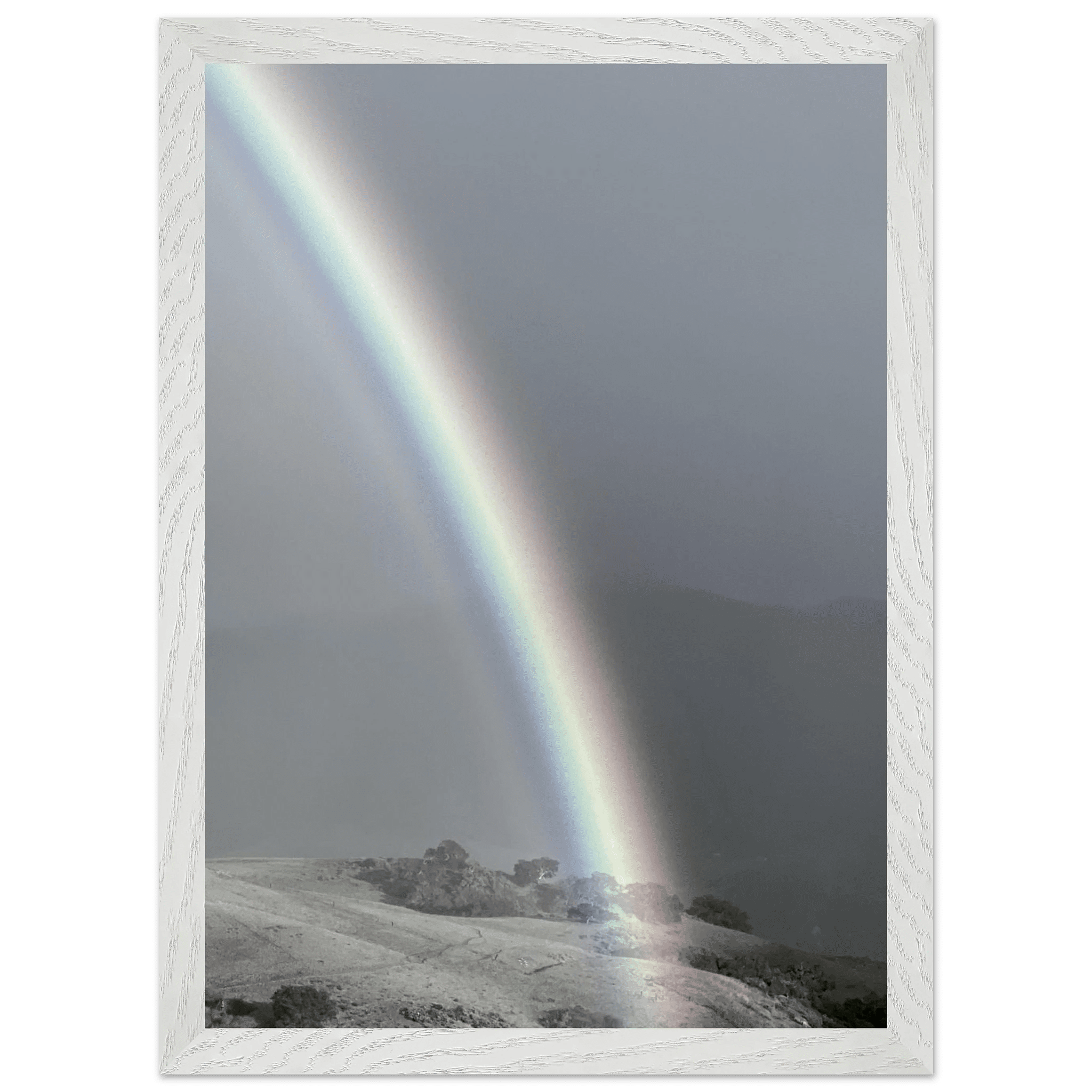 Black and white mounted framed poster of a post-summer storm rainbow in California Central Coast from the My Store travel collection.