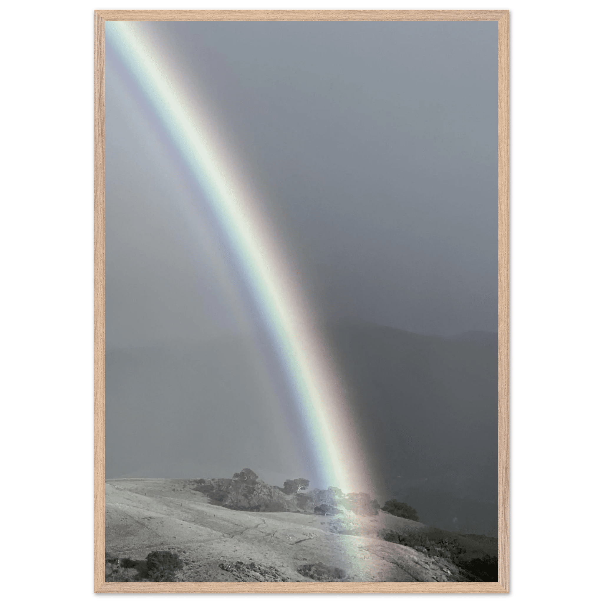 Black and white mounted framed poster of a rainbow after summer storm in California Central Coast, part of My Store's travel collection.