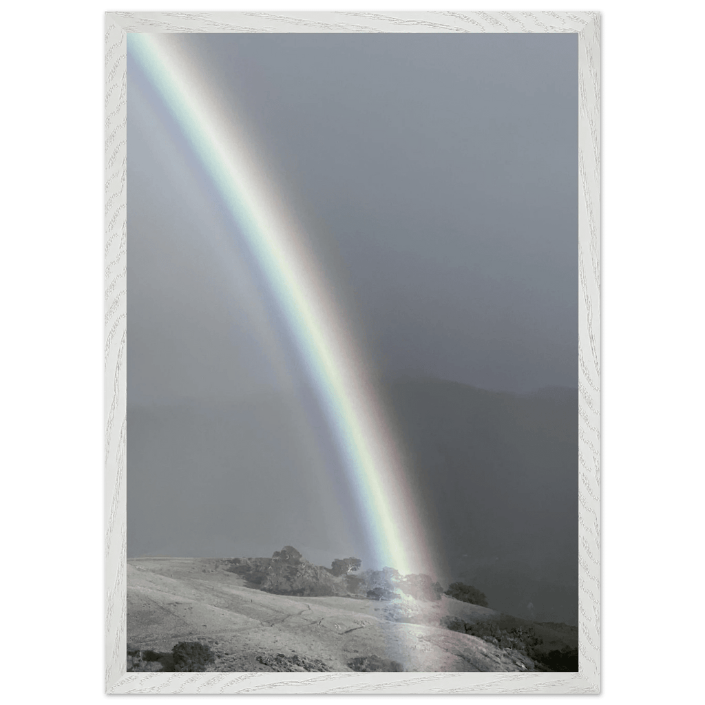 Black and white mounted framed poster of a rainbow after a summer storm in California Central Coast, part of the Black & White Travel Collection.