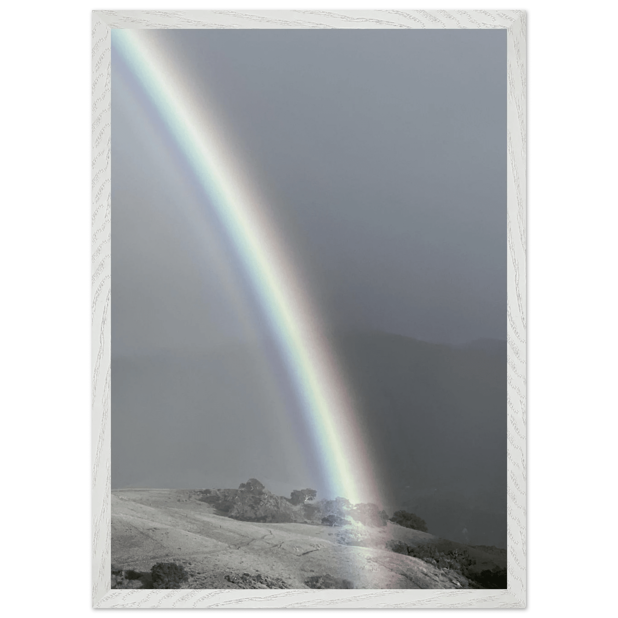 Black and white mounted framed poster of a rainbow after a summer storm in California Central Coast, part of the Black & White Travel Collection.