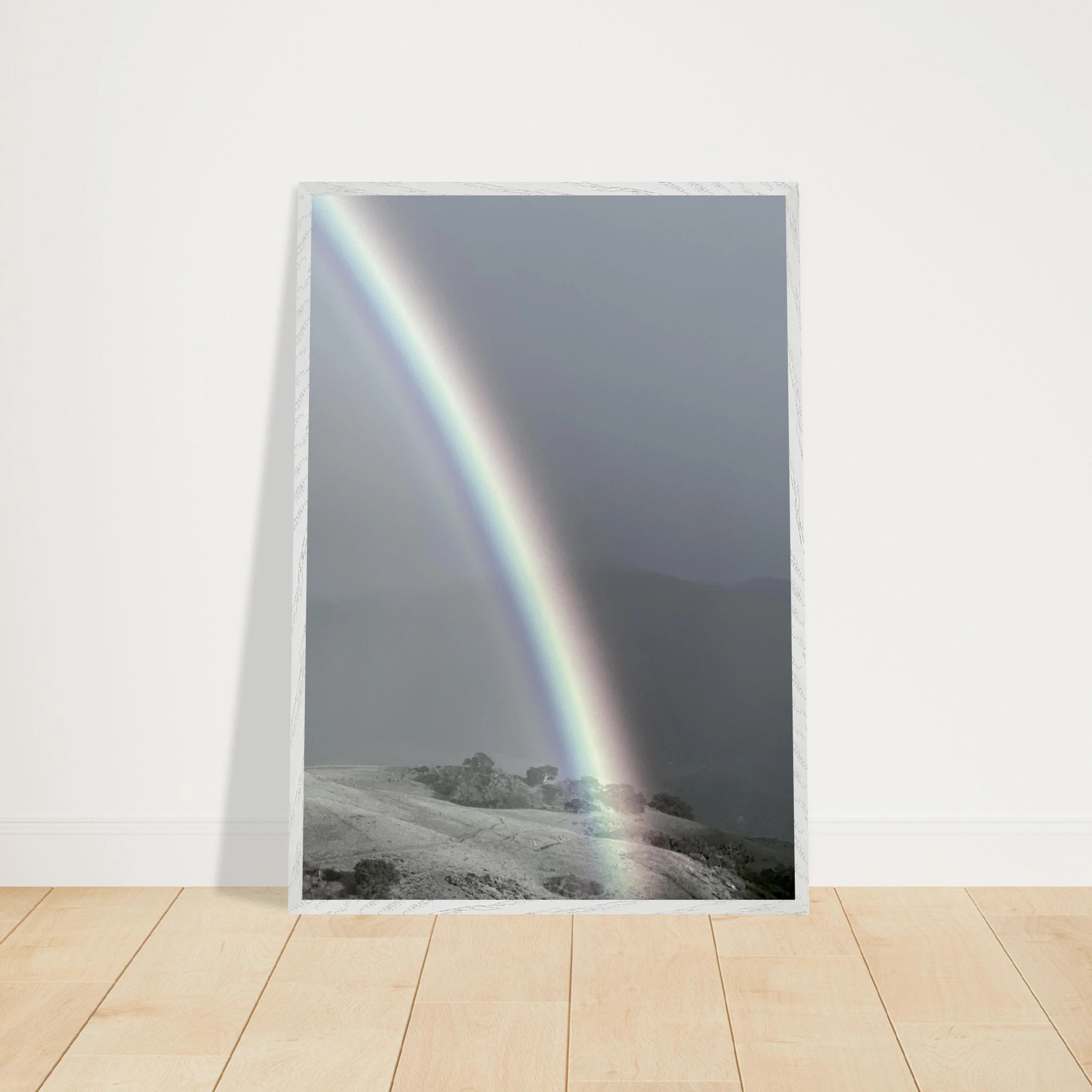 Black and white mounted framed poster of a rainbow after summer storm in California Central Coast, part of the My Store travel collection.