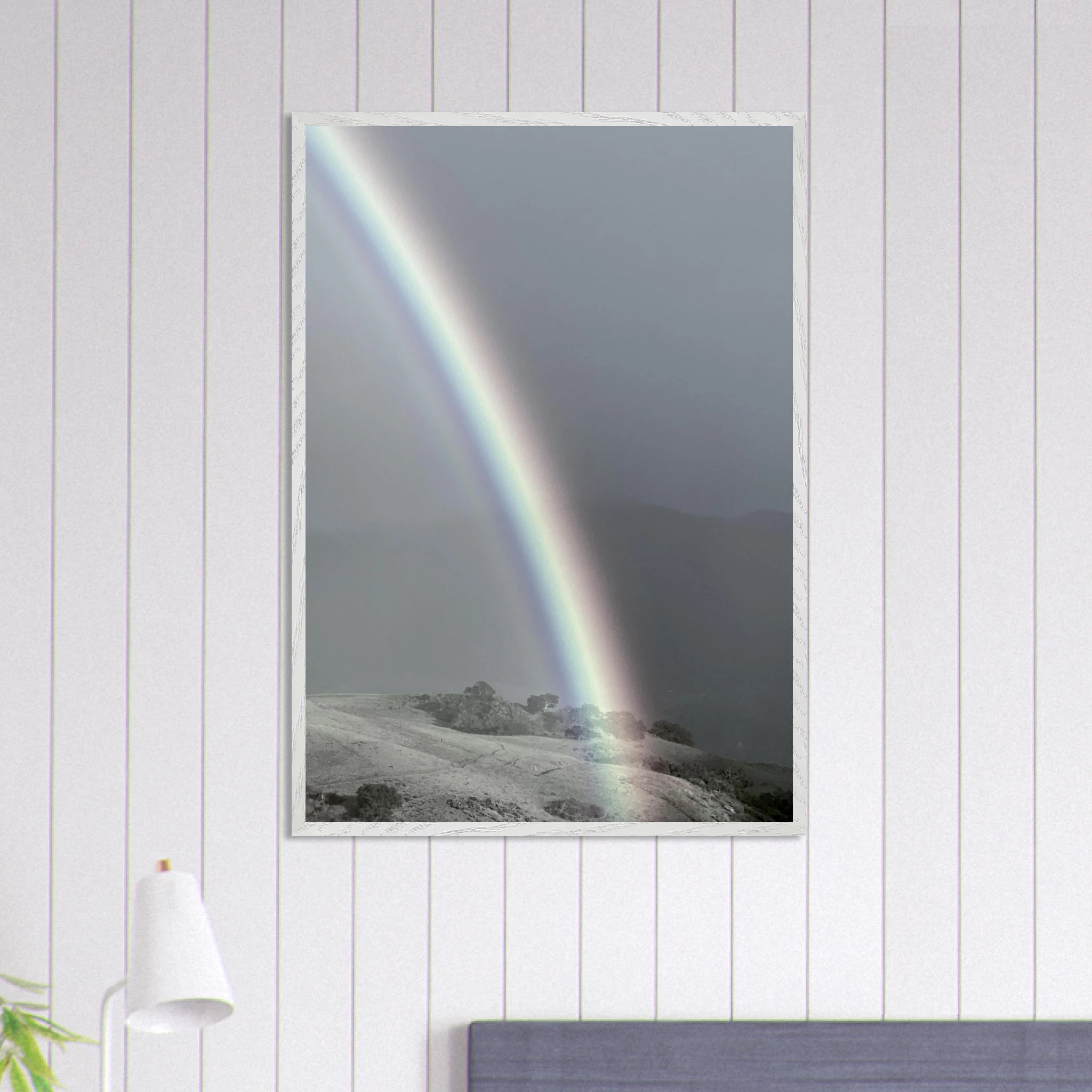 Black and white framed poster of a rainbow after a summer storm, mounted on white frame, from My Store's California Central Coast travel collection.