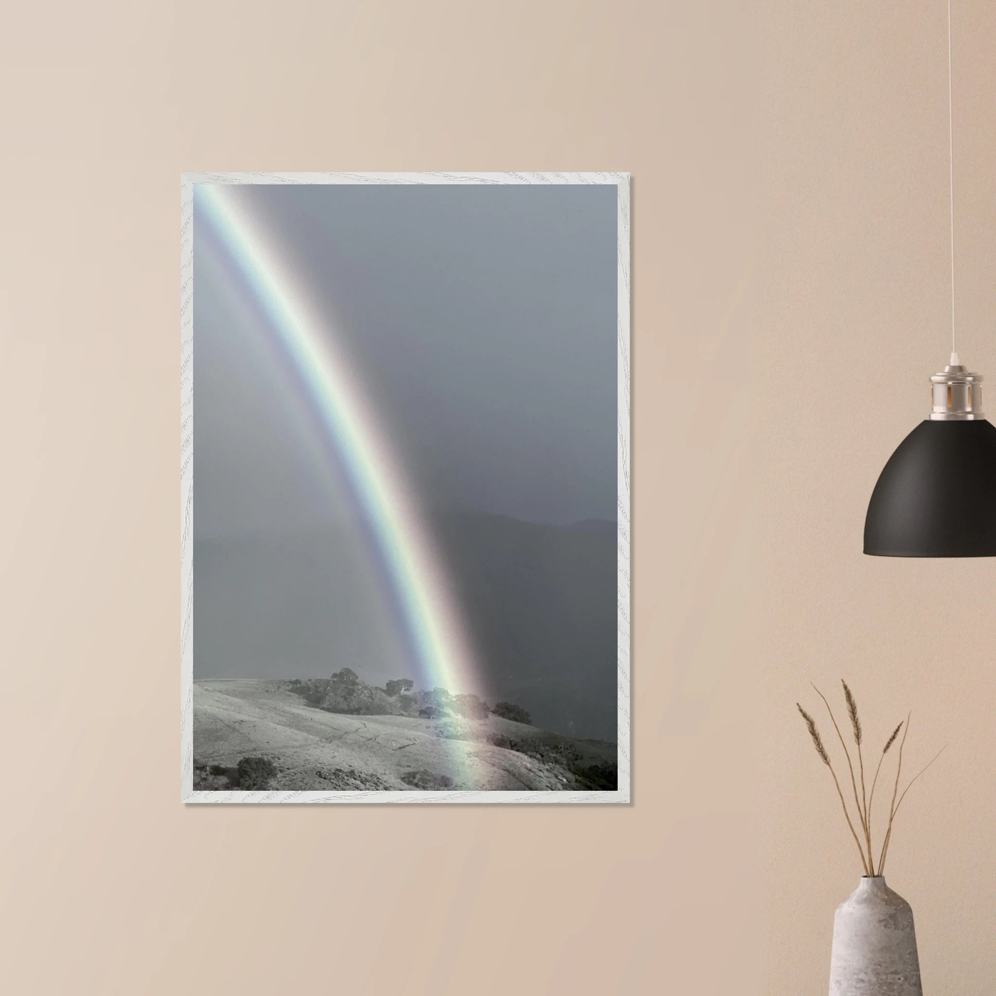 Black and white mounted framed poster of a rainbow after a summer storm in California Central Coast, part of the Black & White Travel Collection.