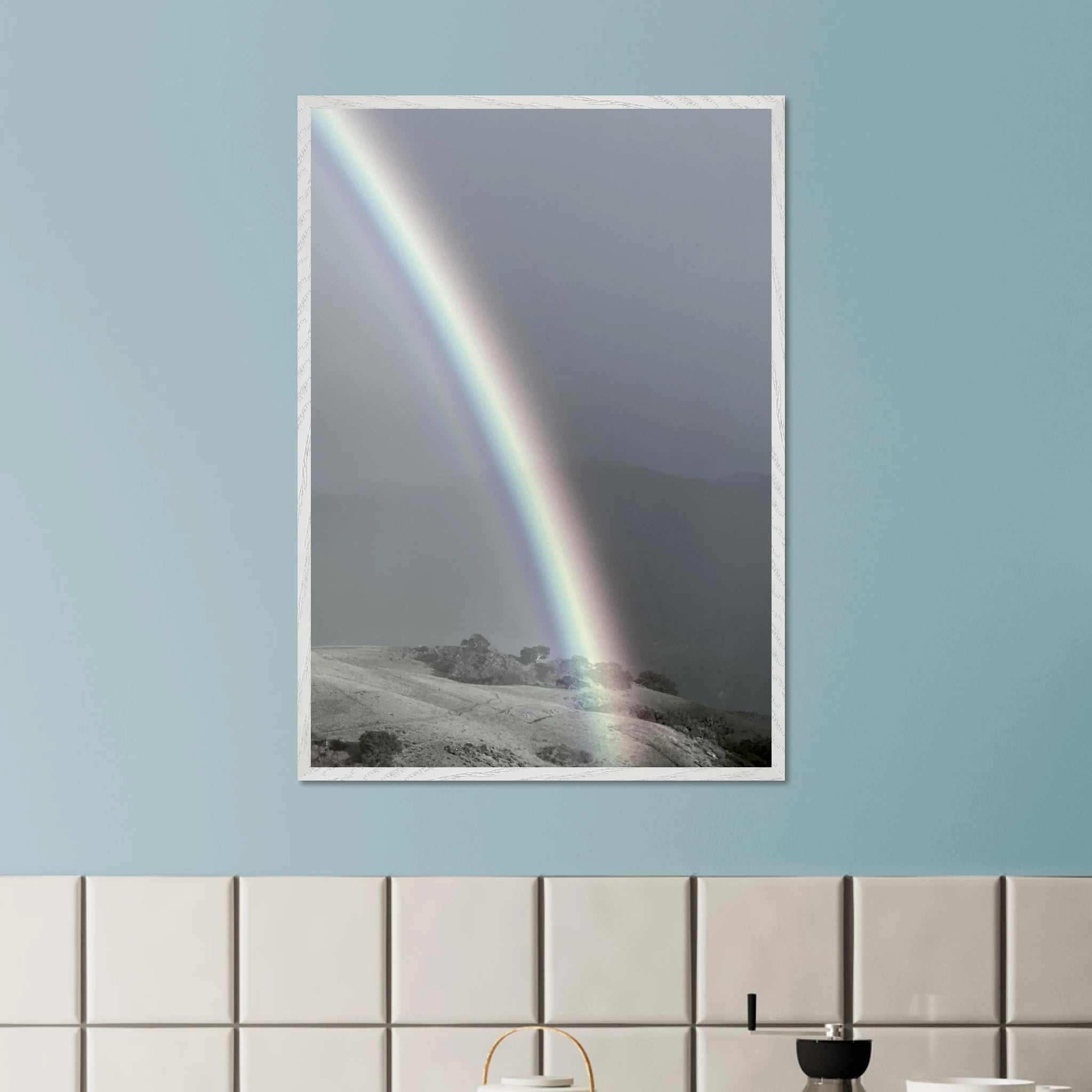 Black and white mounted framed poster of Post Summer Storm Rainbow in California Central Coast, part of My Store's travel collection.