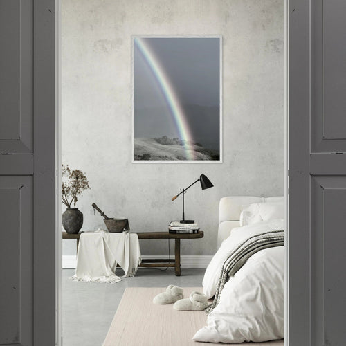 Black and white mounted framed poster of a rainbow after a summer storm, part of the California Central Coast travel collection.