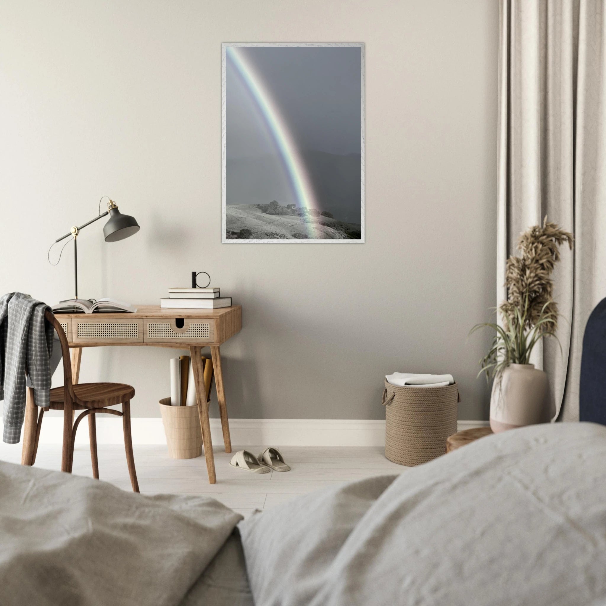 Black and white mounted framed poster of a rainbow after summer storm in California Central Coast, part of the My Store travel collection.
