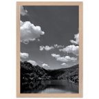 Black and white mounted framed poster of a German river view, 15x20 cm print with white frame from the Black & White Travel Collection.