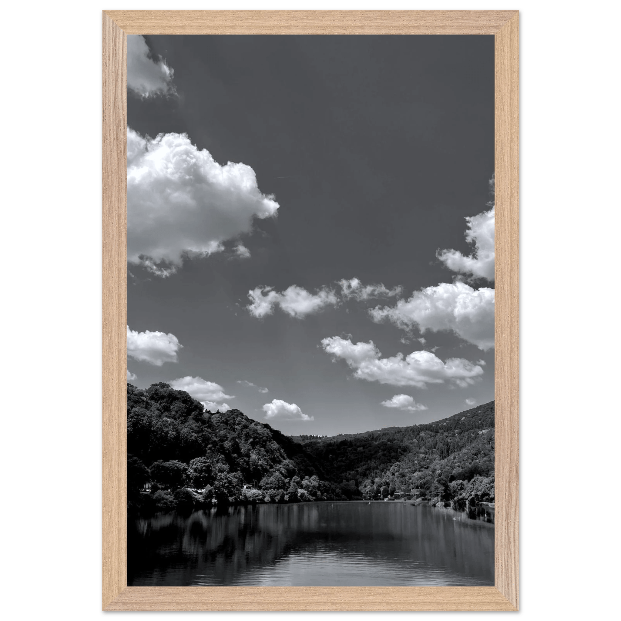 Black and white mounted framed poster of a German river view, 15x20 cm print with white frame from the Black & White Travel Collection.